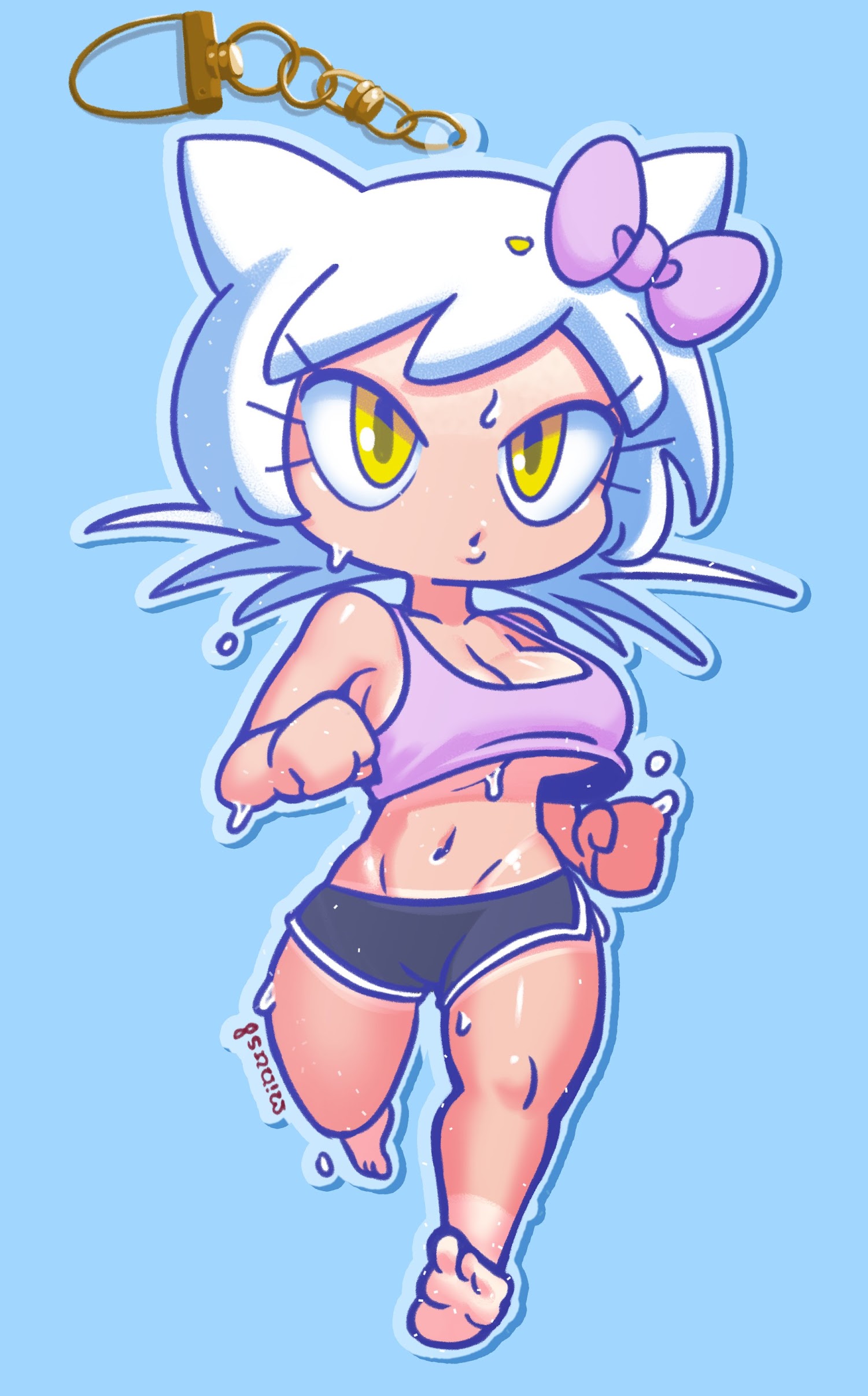 1girls, barefoot, blue background, bouncing breasts, bowtie, breasts, cat ears, cat girl, catgirl, cleavage, clothed, clothing, feet, female, female focus, female only, golden eyes, hello kitty, hello kitty (character), hello kitty (series), humanized, jogging, jogging pants, kitty white, large breasts, minus8, navel, sanrio, short hair, solo, solo female, solo focus, sports bra, sports shorts, sportswear, sweat, sweatdrop, sweating, sweaty, tan body, tan skin, tan-skinned female, tanline, tanned, tanned skin, thick thighs, thighhighs, thighs, white hair, yellow eyes