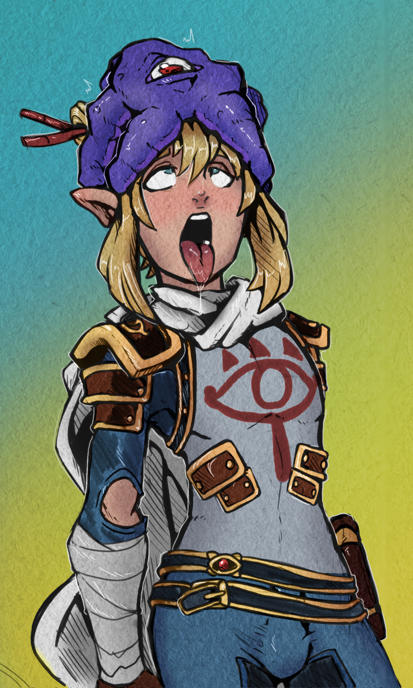1boy, ahe gao, blonde hair, blue eyes, breath of the wild, bulge, crossed eyes, dc, dc comics, drool, erection under clothes, eye roll, eyes rolling back, hypnosis, link, male, male only, malesub, mind control, nintendo, open mouth, parasite, pointy ears, red eyes, reliusmax, shaverma17, sheikah link, short hair, standing, starro, the legend of zelda, tongue, tongue out