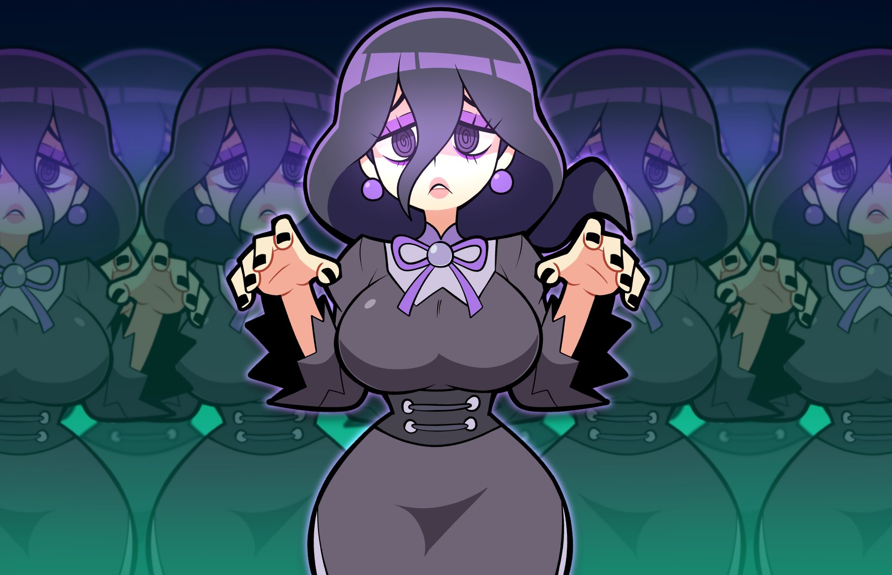 1girls, black eyes, breasts, curvy, female, female focus, female only, game freak, goth, goth girl, hex maniac, hex maniac (pokemon legends: z-a), huge breasts, long hair, looking at viewer, nintendo, npc trainer, pokemon, pokemon legends: z-a, purple hair, scott falco, scottfalco (artist), solo, solo female, solo focus, spiral eyes, thick thighs, wide hips