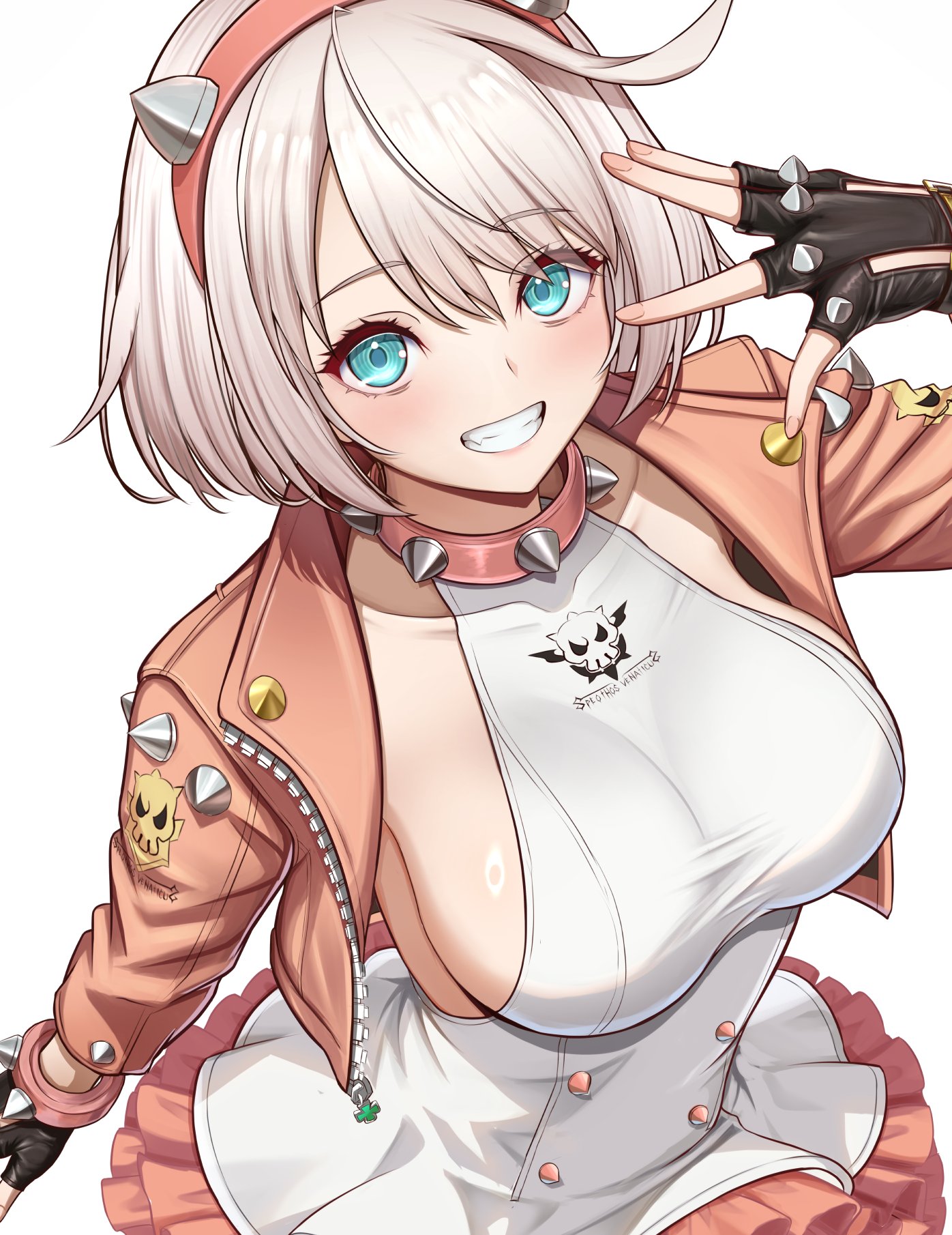 1girls, ahoge, big breasts, black gloves, blue eyes, breasts, choker, commentary, daysss, dress, elphelt valentine, female, female only, fingerless gloves, gloves, grin, guilty gear, guilty gear strive, highres, jacket, large breasts, looking at viewer, pink jacket, short hair, sideboob, smile, solo, spiked choker, spikes, white dress, white hair