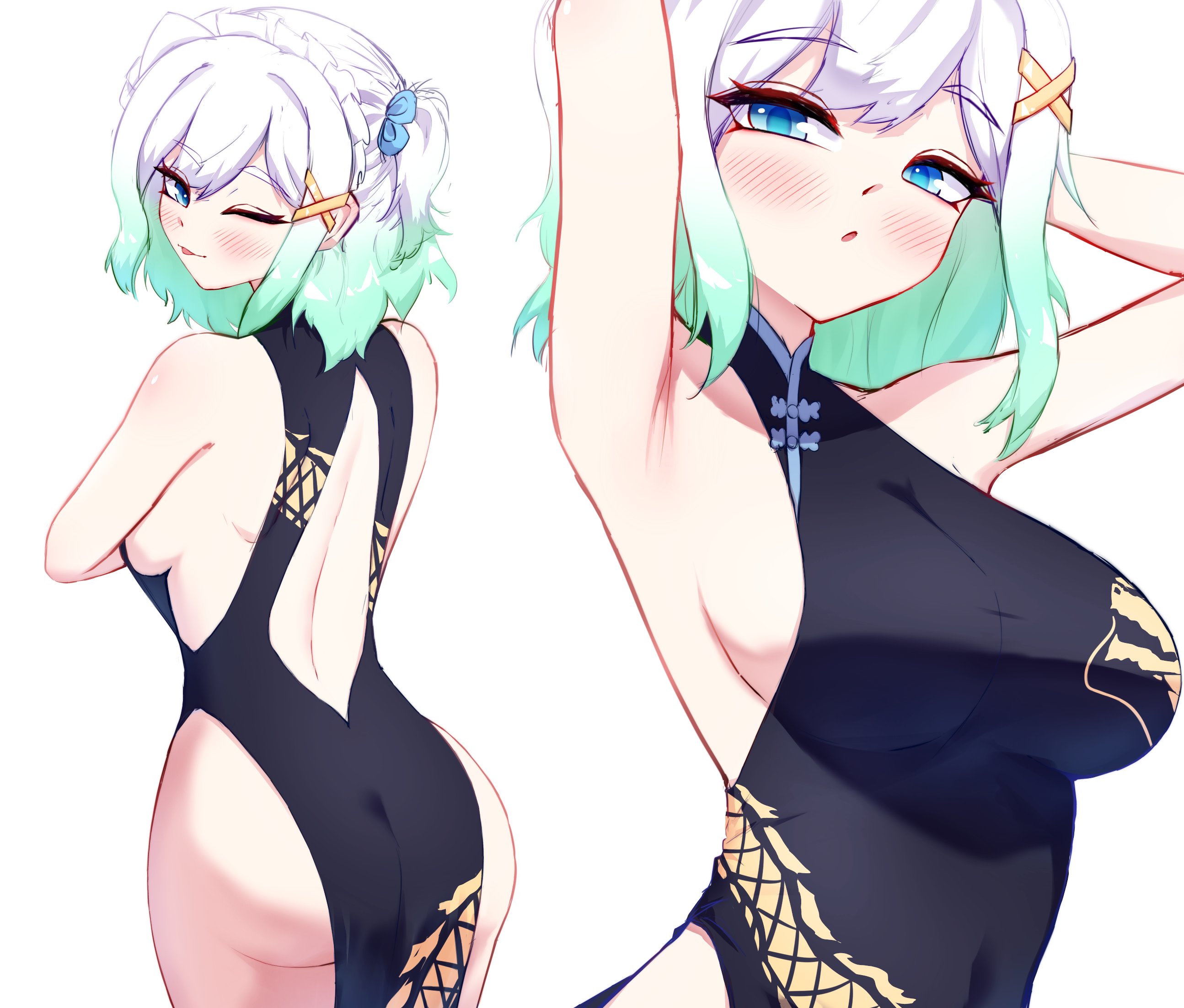;p, armpits, arms behind head, arms up, ass, ass focus, back cutout, black dress, blue archive, blue eyes, blush, breasts, cgator, china dress, chinese clothes, clothing cutout, commentary, cosplay, densetsu.exe, dragon print, dress, female, gradient hair, green hair, hair ornament, highres, indie virtual youtuber, kisaki (blue archive), kisaki (blue archive) (cosplay), large breasts, looking at viewer, maid headdress, maid mint, medium hair, mint fantome, multicolored hair, multiple views, no bra, no panties, one eye closed, side slit, sideboob, simple background, sleeveless, sleeveless dress, smile, tongue, tongue out, two side up, virtual youtuber, white background, white hair, x hair ornament