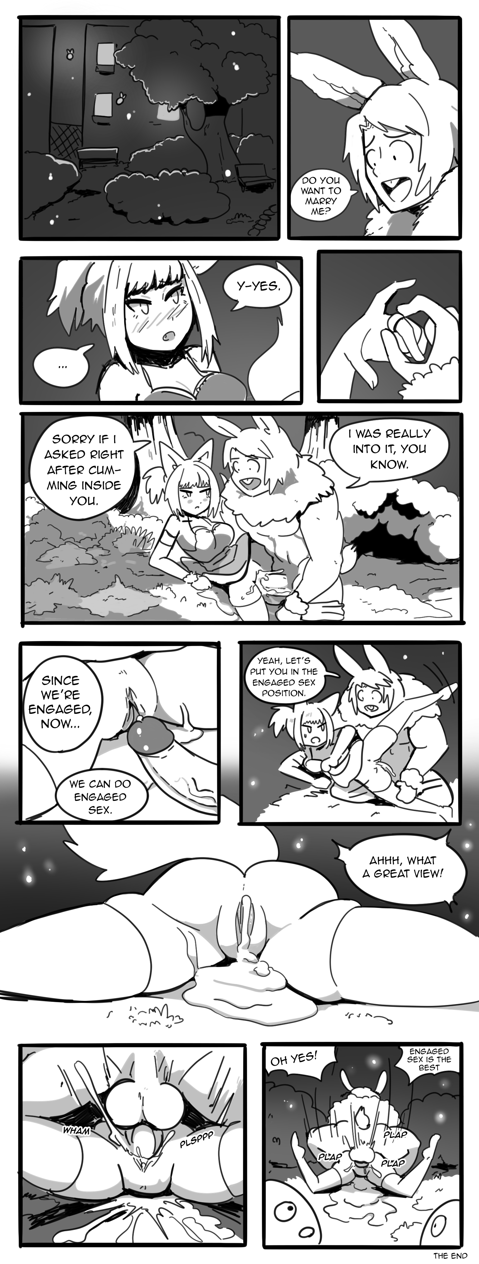 1boy, 1girls, absurd res, balls, bunny boy, cat girl, comic, cum, cum in pussy, cum inside, cum overflow, dialogue, doggy style, english text, feline, female, from behind, humanoid, lying, lying down, male, male on top, monochrome, penetration, penis, pussy, rabbit, rabbit humanoid, text bubble, vaginal penetration, wolfgang bang, wolfgirl (wolfrad senpai)