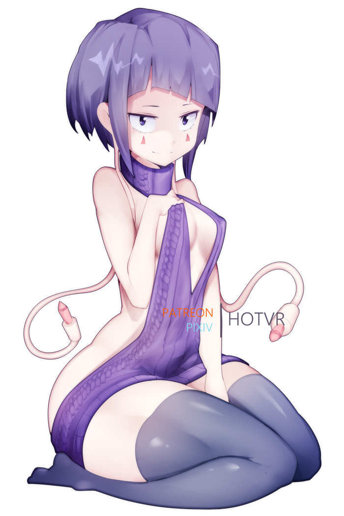 1girls, backless, backless outfit, black eyes, breasts, cable, cleavage, cutout, facial markings, female, female only, hotvr, kneeling, kyoka jiro, my hero academia, no bra, no panties, no underwear, purple hair, purple-haired female, revealing clothes, seiza, short hair, sitting, solo, stockings, sweater, thighhighs, virgin killer sweater