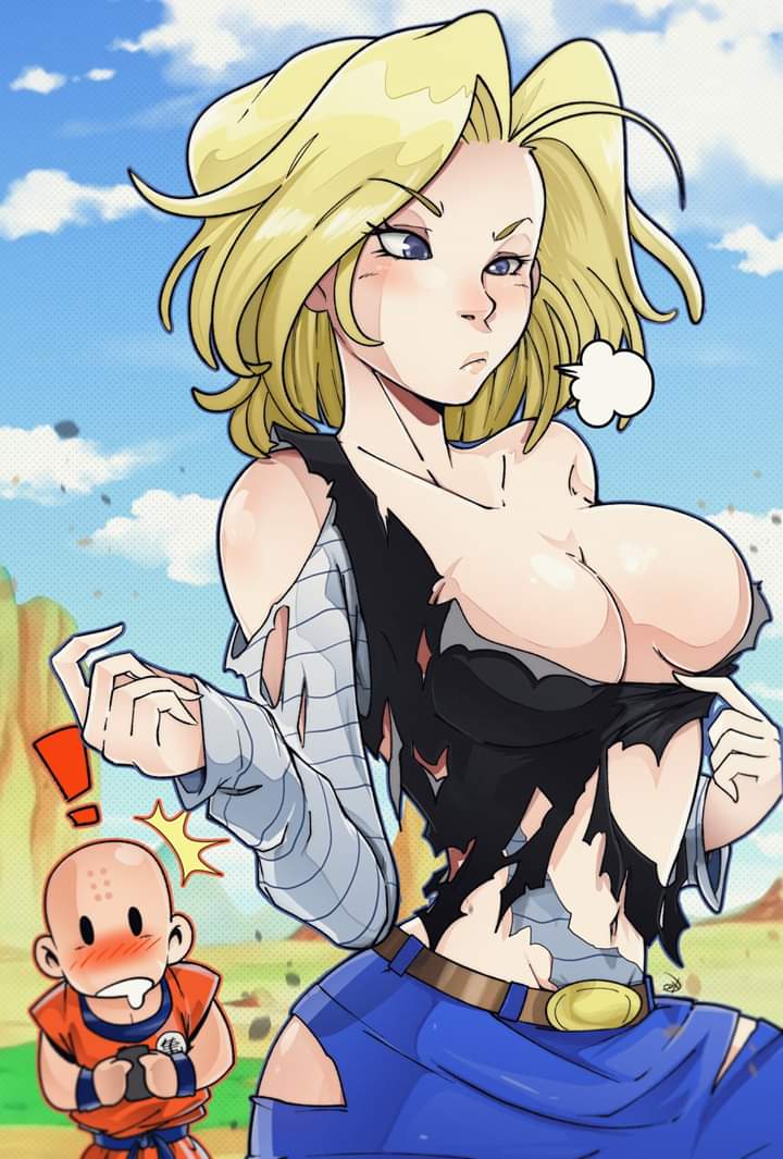 1boy, 1girls, android 18, belt, blonde hair, blue eyes, blush, breasts, cleavage, clothing damage, delux, dragon ball, dragon ball z, female, female focus, krillin, kuririn, large breasts, light skin, light-skinned female, long sleeves, male, medium hair, skirt, torn clothes, torn clothing, torn shirt, wardrobe malfunction