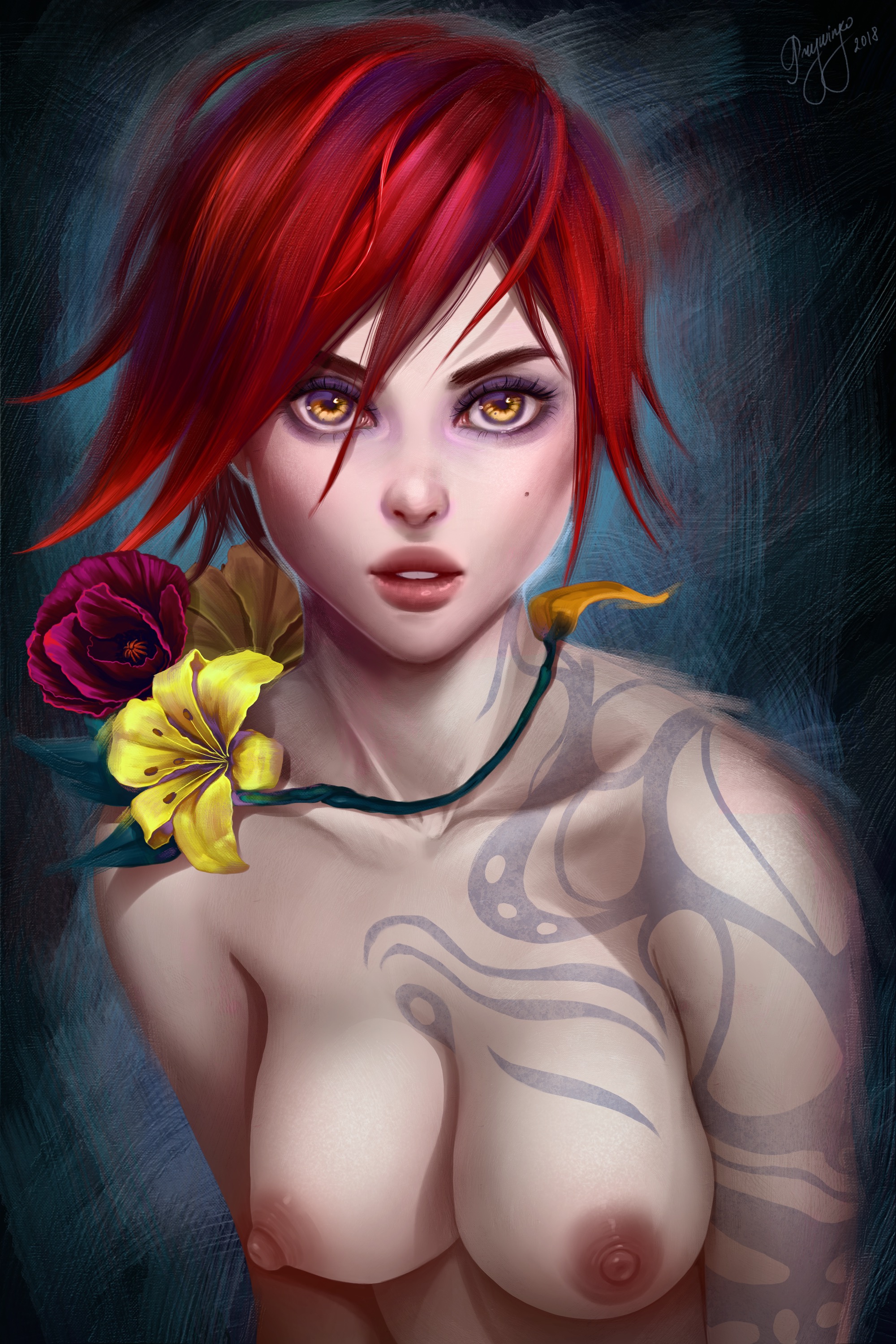 1girls, 2d, areolae, body markings, borderlands, borderlands 2, breasts, bust, erect nipples, female, female only, lilith (borderlands), looking at viewer, mole, nipples, nude, portrait, prywinko, red hair, redhead, short hair, siren (borderlands), siren markings, solo, solo female, solo focus, tattoo, yellow eyes