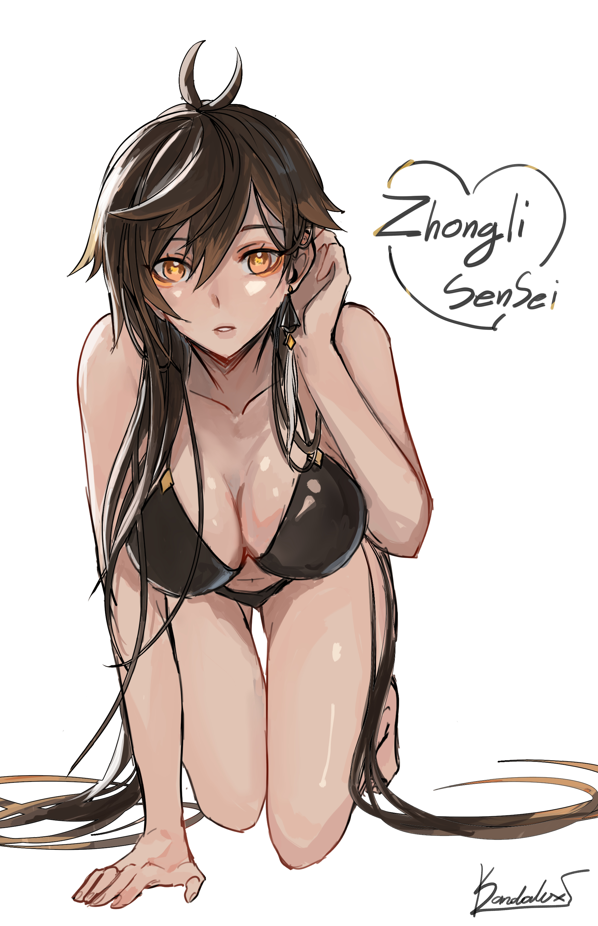 1girls, all fours, bikini, black bikini, black hair, breasts, busty, cleavage, female, genderswap, genderswap (mtf), genshin impact, kandalux, large breasts, looking at viewer, orange eyes, rule 63, zhongli (genshin impact), zhongli jiejie