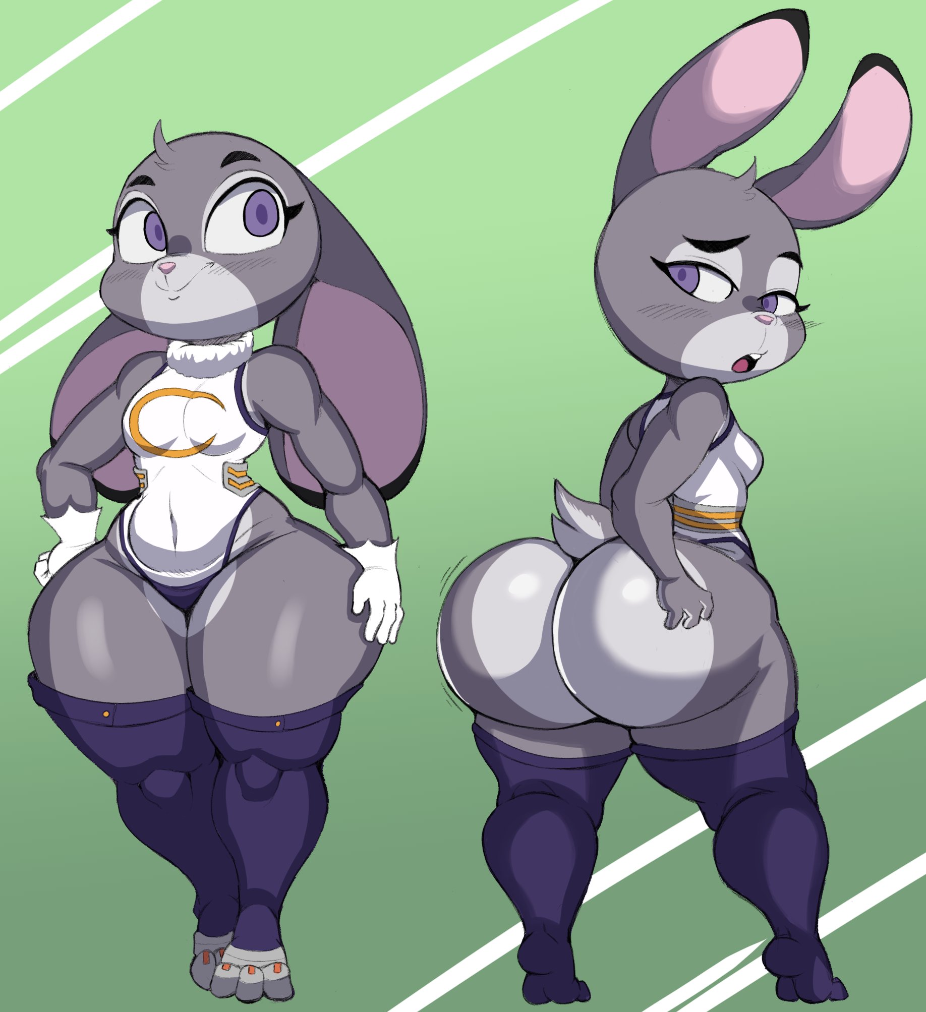 anthro, ass, back view, big ass, big butt, bottom heavy, breasts, bunny girl, clothing, disney, female, female only, judy hopps, looking back, miruko (cosplay), my hero academia, panties, purple yoshi draws, shortstack, small breasts, stockings, thick thighs, thunder thighs, zootopia