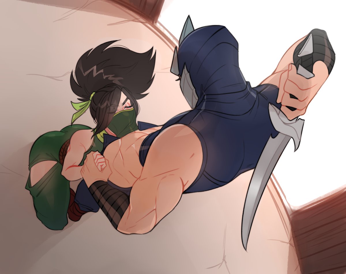 1boy 1girls 2d akali_jhomen_tethi alternate_version_available closed_eyes face_mask fellatio fellatio_under_mask fellatio_under_veil female ilewdha league_of_legends male male/female mask mouth_veil muscular ninja ponytail riot_games shen sword tagme