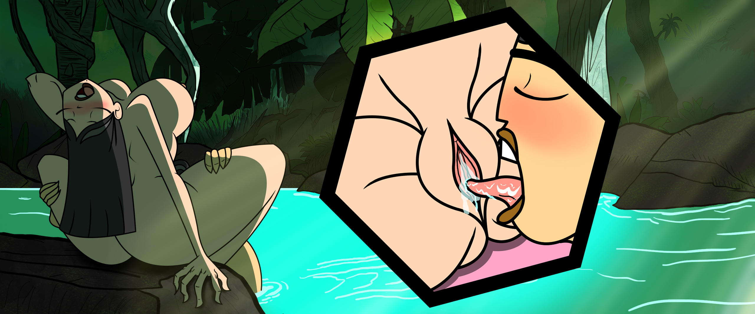 2girls, ass, big ass, big breasts, blush, breast grab, breasts, cunnilingus, eva (tdi), female, female only, heather (tdi), jungle, licking pussy, multiple females, multiple girls, naked, nude, pussy, rustysh4ckl3ford, shaded, total drama (series), total drama island, tropical, water, yuri
