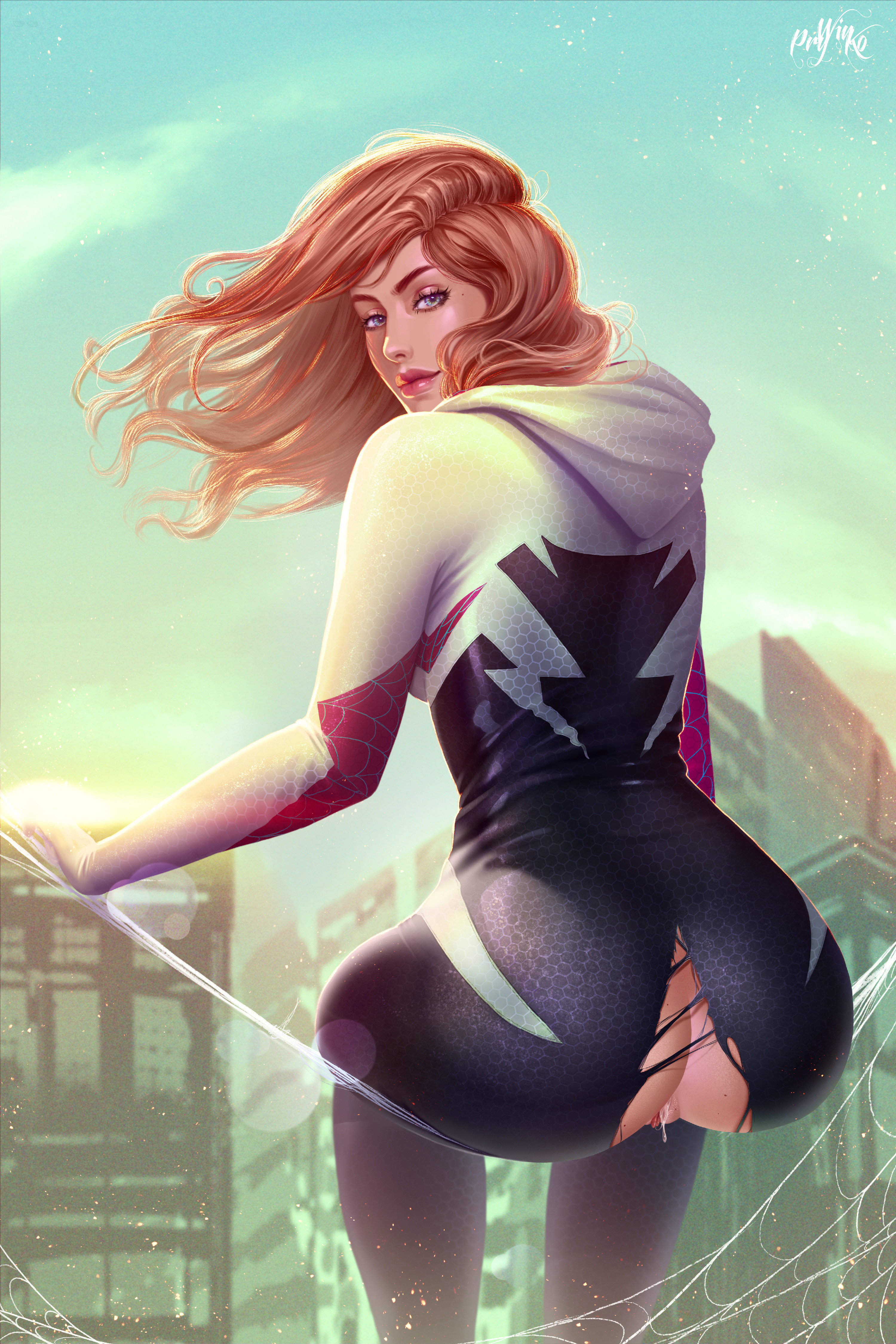 1girls, ass, blonde hair, blue eyes, female, female only, gwen stacy, hood, hourglass figure, looking at viewer, looking back, marvel, marvel comics, prywinko, pussy, pussy juice, pussy juice drip, ripped clothes, ripped clothing, slim waist, solo, solo focus, spider-gwen, spider-man (series), tight clothing, torn clothes, torn clothing, wardrobe malfunction, wide hips