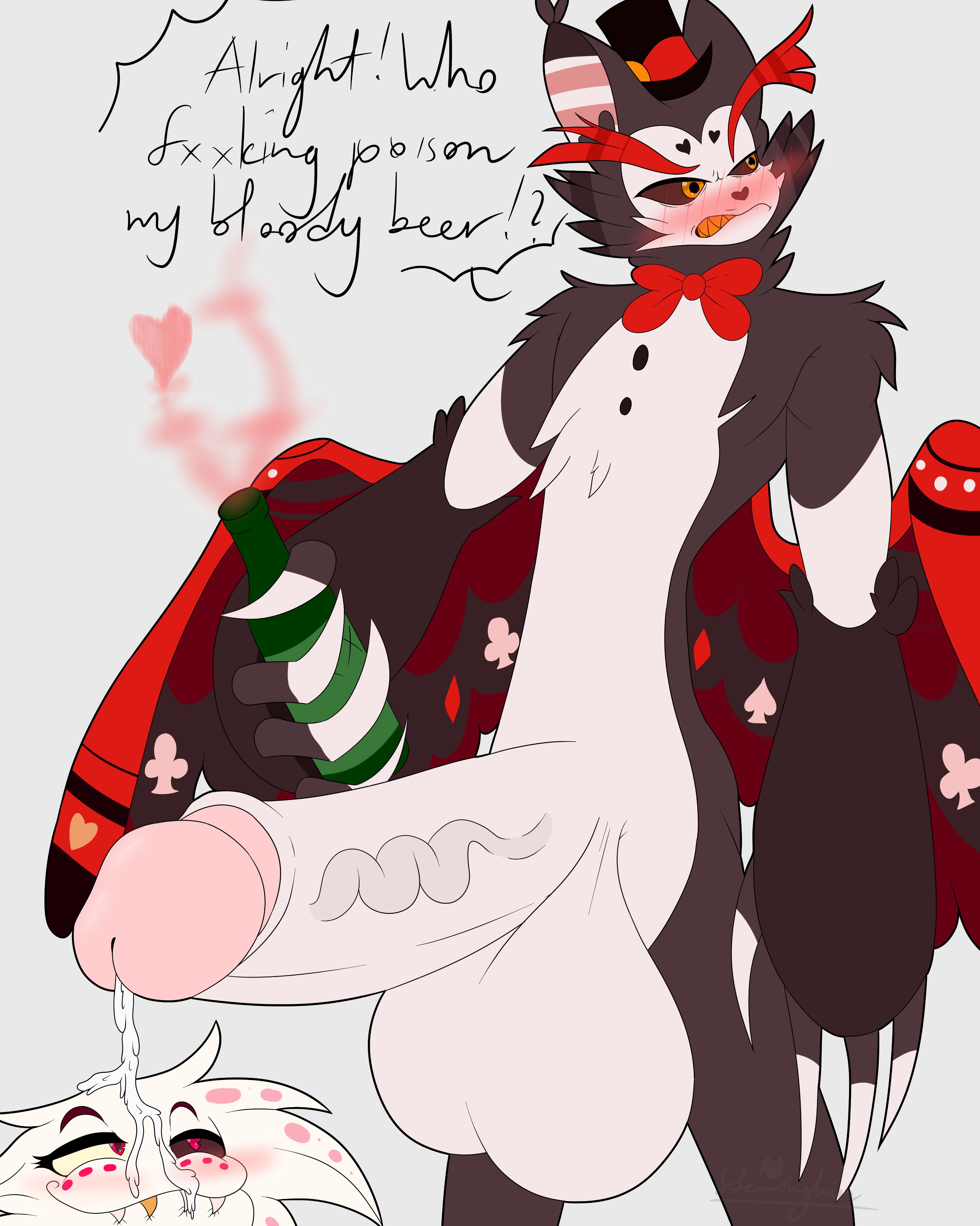 :3, 1boy, 2020, absurd res, alcohol, angel dust (hazbin hotel), angry, balls, beer bottle, big balls, big claws, big penis, big testicles, blush, bottle, bowtie, claws, cum, cum on head, demon, dialogue, domestic cat, drunk, english text, felid, feline, hat, hazbin hotel, heart, hi res, holding beer, holding bottle, holding object, huge balls, huge cock, huge testicles, husk (hazbin hotel), hyper, hyper penis, looking at partner, looking pleasured, looking to the side, male, male only, penis, profanity, red bowtie, red eyebrows, sharp claws, spade, stemingbunbun, testicles, thick eyebrows, thick penis, top hat, veiny penis, vivienne medrano, wings
