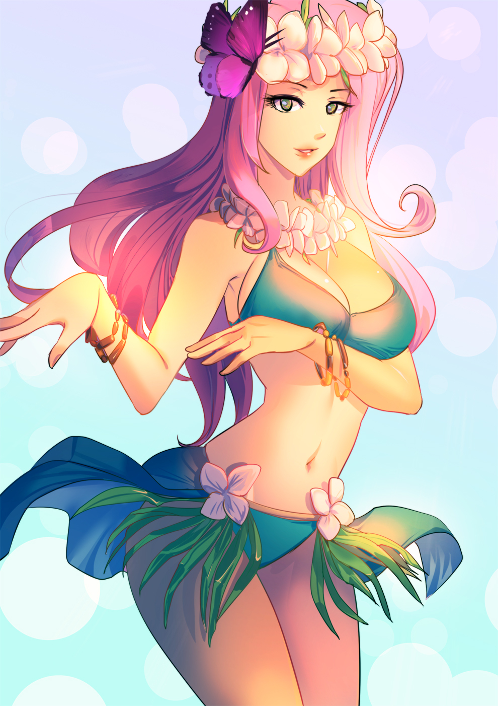 1girls bakki belly belly_dancer big_breasts bracelets breasts butterfly_hair_ornament cleavage dancer dancing equestria_girls female flower_crown flower_necklace fluttershy_(eg) friendship_is_magic grass_skirt hasbro hula humanized large_breasts long_hair looking_at_viewer my_little_pony pink_hair straight_hair tropical voluptuous