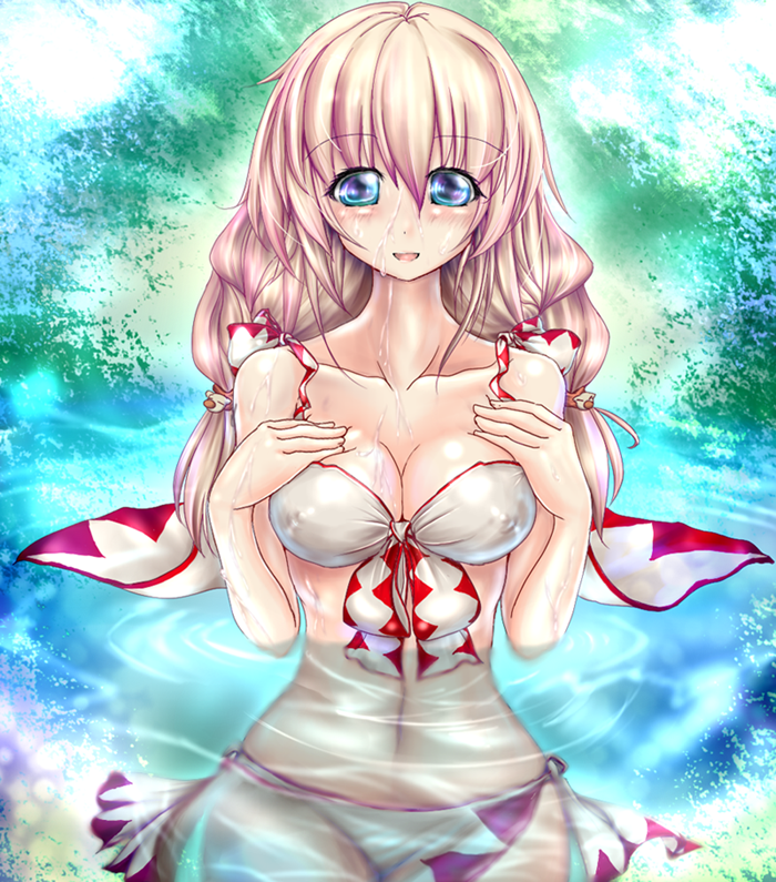 big_breasts bikini blonde_hair blue_eyes breasts final_fantasy final_fantasy_tactics final_fantasy_tactics_(original) large_breasts looking_at_viewer swimming swimsuit tagme water white_mage white_mage_(fft)