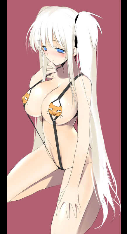 1girls blue_eyes blush breasts female huge_breasts kneeling long_hair mabinogi nao sling_bikini solo swimsuit tied_hair twintails ui_(kirin) very_long_hair white_hair