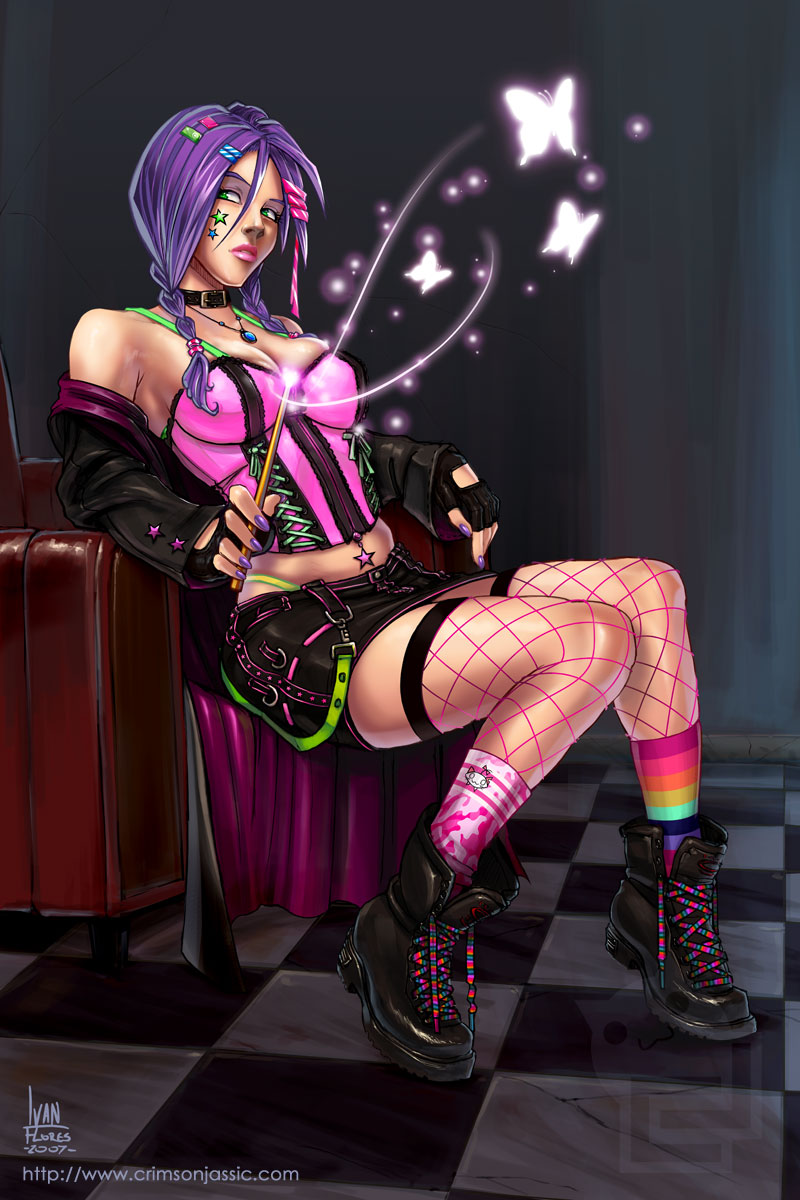 1girls black_boots black_jacket crimsonjassic female female_only fishnet_stockings harry_potter hogwarts hogwarts_student hufflepuff human ivan_flores knees_together_feet_apart leather_skirt long_jacket magic_wand miniskirt nymphadora_tonks pink_corset purple_hair purple_nails schoolgirl witch