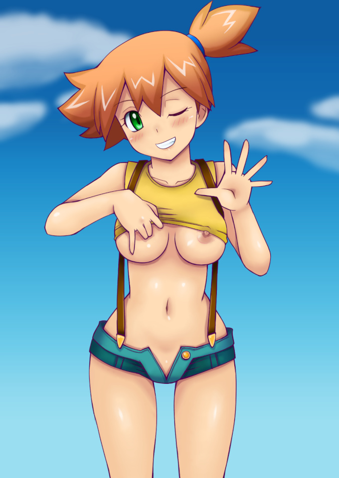 1girls, blue sky, blush, breasts, cloud, curvy, day, denim, denim shorts, female, female only, highres, human, human only, kasumi (pokemon), looking at viewer, medium breasts, navel, nintendo, nipple slip, nipples, one eye closed, orange hair, outdoors, pokemon, shirt, short ponytail, shorts, side ponytail, simple background, sky, smile, solo, stomach, suspender shorts, suspenders, tank top, thigh gap, tsumitani daisuke, undressing