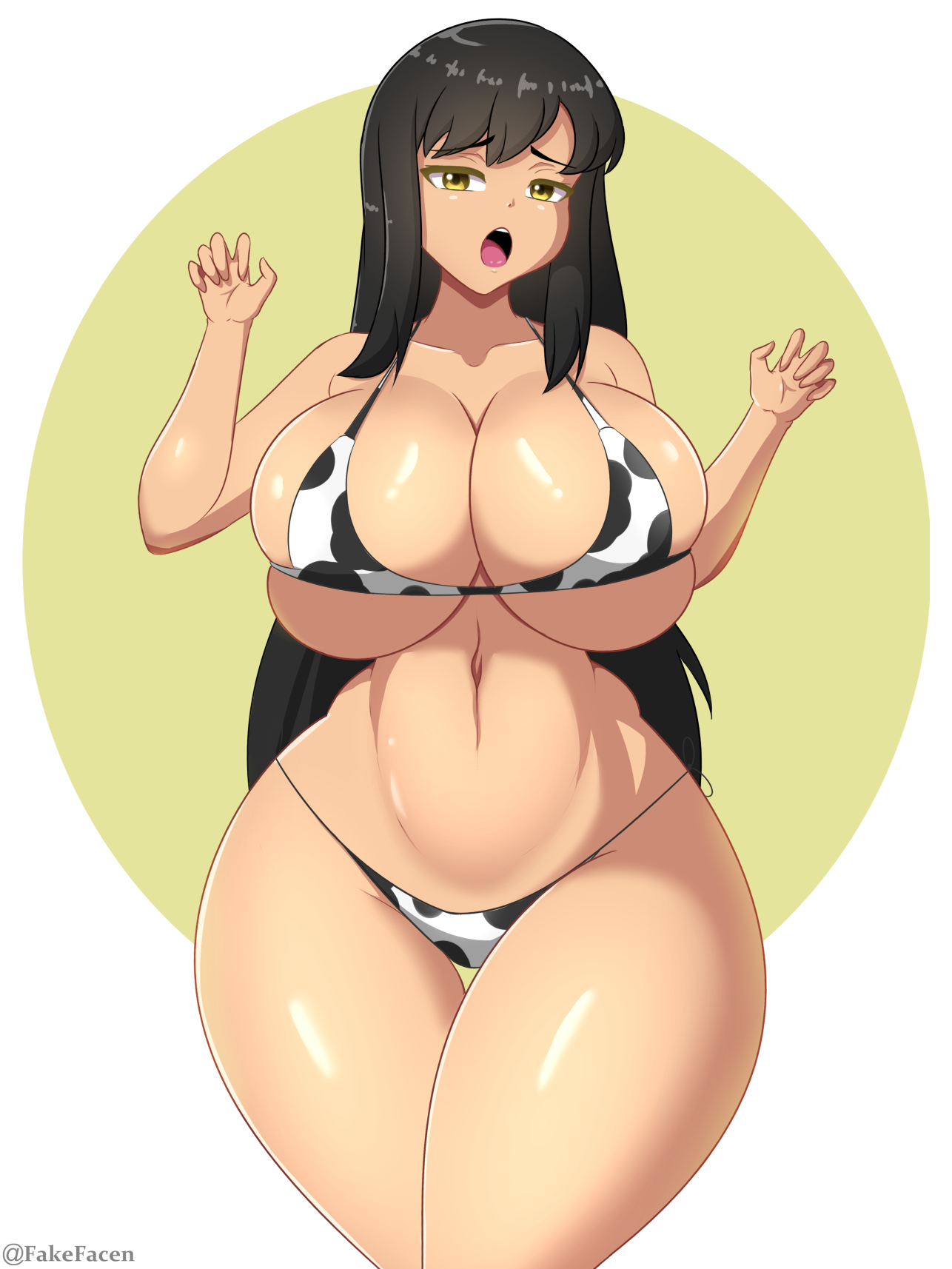 1girls, big breasts, bikini, breasts, brown hair, cow bikini, cow print, curvy, fake face, female, huge breasts, large breasts, long hair, micro bikini, narrow shoulders, original, solo, standing, thick thighs, thighs, thin arms, thin waist, thong, voluptuous, wide hips, yellow eyes