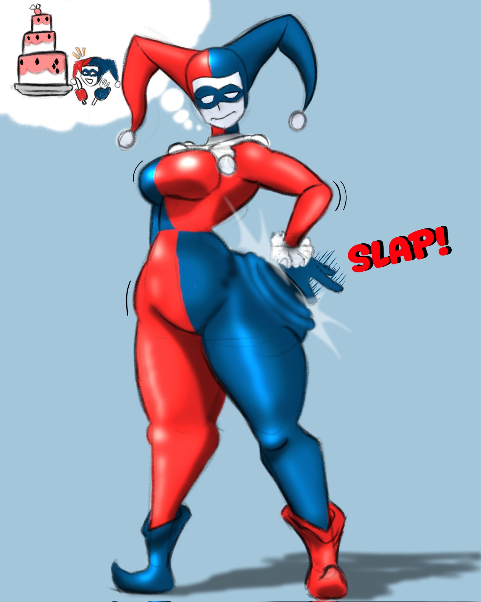 1girls, batman (series), big breasts, bodysuit, cake, caked up, clothed, clothed female, clothing, clown, clown girl, curvy, curvy female, curvy figure, dc, dc comics, female, female focus, female only, fully clothed, harley quinn, harley quinn (classic), jester, jester girl, jester hat, jester outfit, narrow waist, slapping ass, slapping butt, slapping own ass, slim waist, smacking ass, smacking own ass, solo, solo female, solo focus, superbone, thick, thick ass, thick legs, thick thighs, thin waist, wide hips