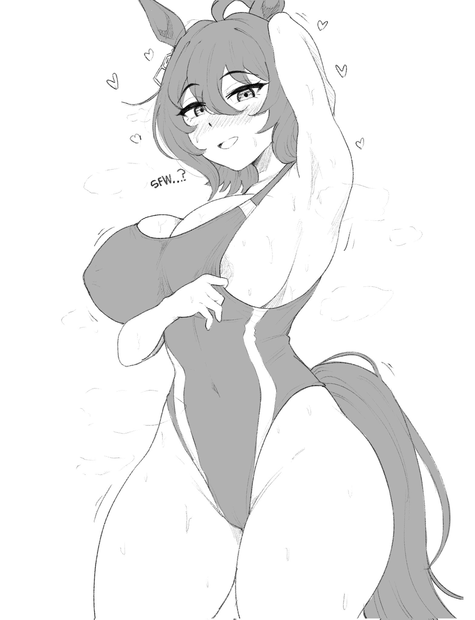 1girls, agnes tachyon (umamusume), ahoge, animal ears, areola peek, areolae peeking, arm behind head, arm up, armpits, bare shoulders, blush, breasts, cleavage, clothes pull, competition swimsuit, covered navel, covered nipples, female, female only, greyscale, hair between eyes, heart, heart-shaped pupils, highleg, highres, horse girl, horse tail, large breasts, long hair, looking at viewer, monochrome, nipple bulge, one-piece swimsuit, sideboob, smile, solo, standing, steam, steaming body, sweat, swimsuit, swimsuit pull, symbol-shaped pupils, tail, thighs, tidal (artist), umamusume, white background