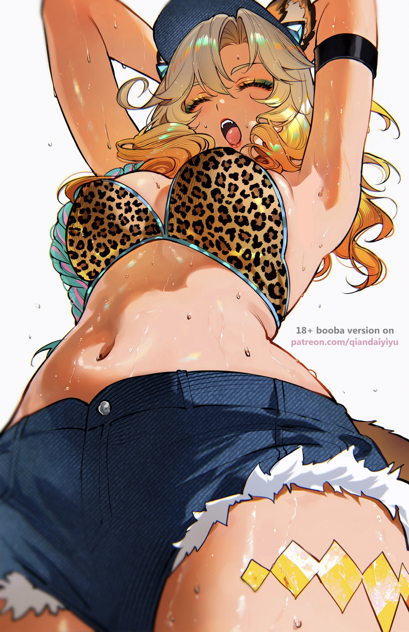 animal ears, armpits, closed eyes, female, female only, genshin impact, large breasts, multicolored hair, open mouth, qiandaiyiyu, tagme, tan body, tan skin, xilonen (genshin impact)