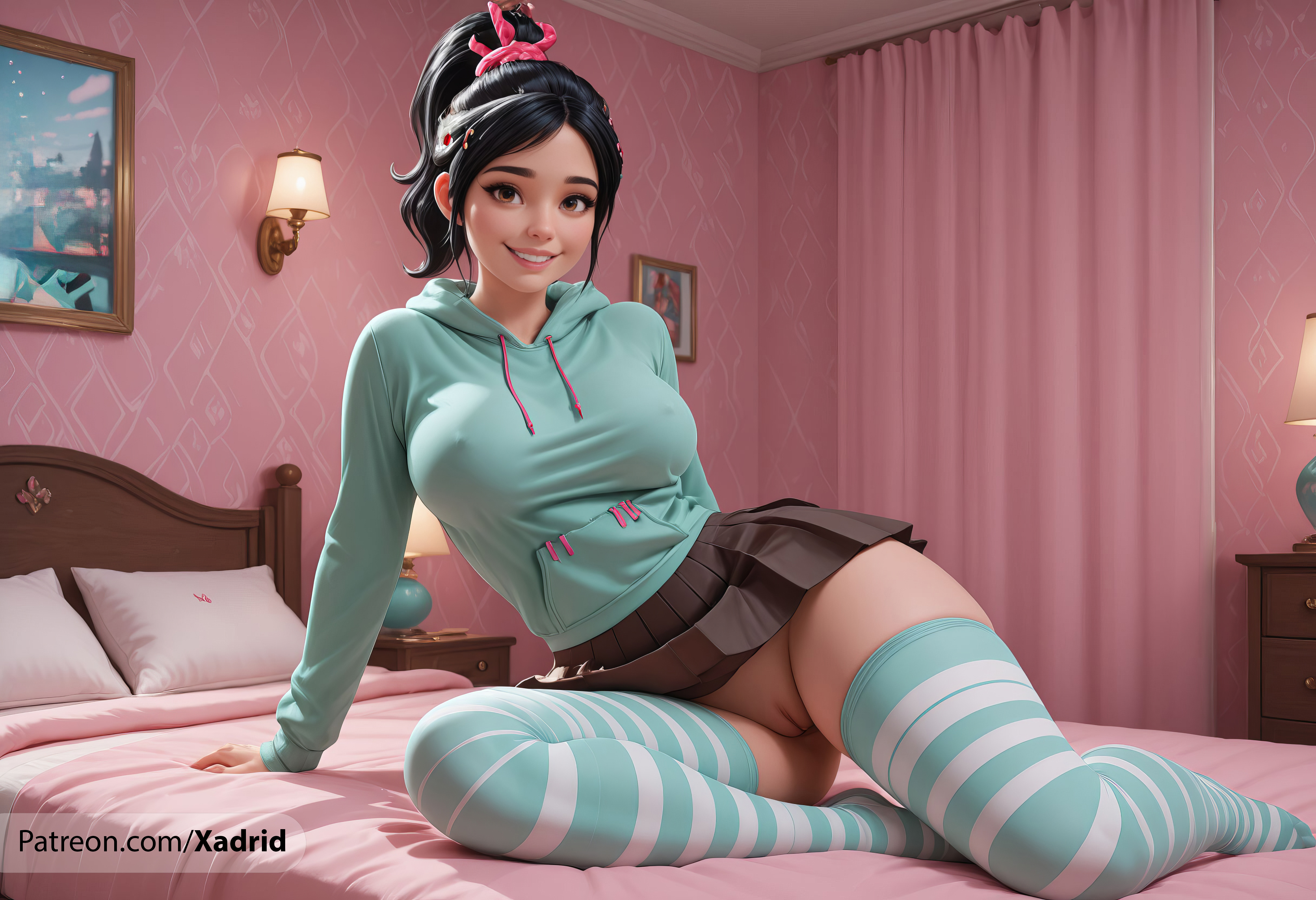 ai generated, arm support, artist name, bed, bedroom, black hair, black skirt, breasts, brown eyes, curtains, disney, female, green thighhighs, hair ornament, hood, hoodie, indoors, lamp, large breasts, lips, looking at viewer, no panties, nose, on bed, patreon username, pillow, pleated skirt, ponytail, pussy, scrunchie, skirt, smile, solo, striped clothes, striped thighhighs, thighhighs, uncensored, vanellope von schweetz, web address, wreck-it ralph, xadrid