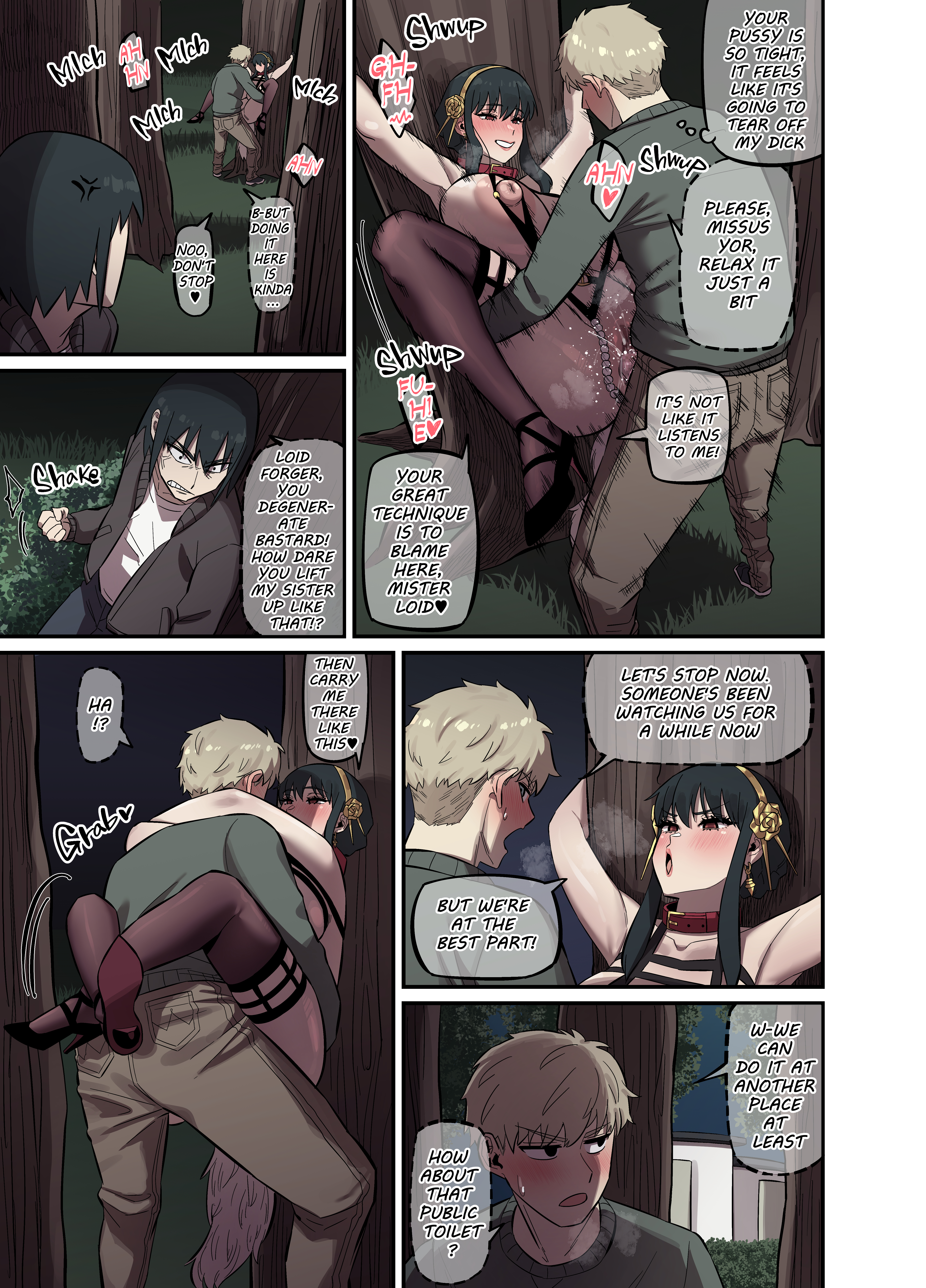 1boy, 1girls, against tree, akai melon, alternate breast size, assassin, blush, carrying, curvaceous, curvy, curvy figure, doujinshi, doujinshi page, english text, excited, exhibitionism, full color, happy sex, hi res, high heels, highres, horny, horny female, hourglass figure, huge ass, huge breasts, human, human female, human male, husband and wife, indoors, large ass, large breasts, light-skinned female, loid forger, looking pleasured, mature female, mosaic censoring, nature, naughty face, nighttime, outdoor sex, panels, passionate, pervert female, sex, slim waist, sling bikini, spy x family, standing sex, straight, suspended congress, thick thighs, thighhighs, thorn princess, tree, twilight (spy x family), upright straddle, vaginal penetration, voluptuous, voluptuous female, voyeurism, wide hips, yor briar, yor forger, yuri briar