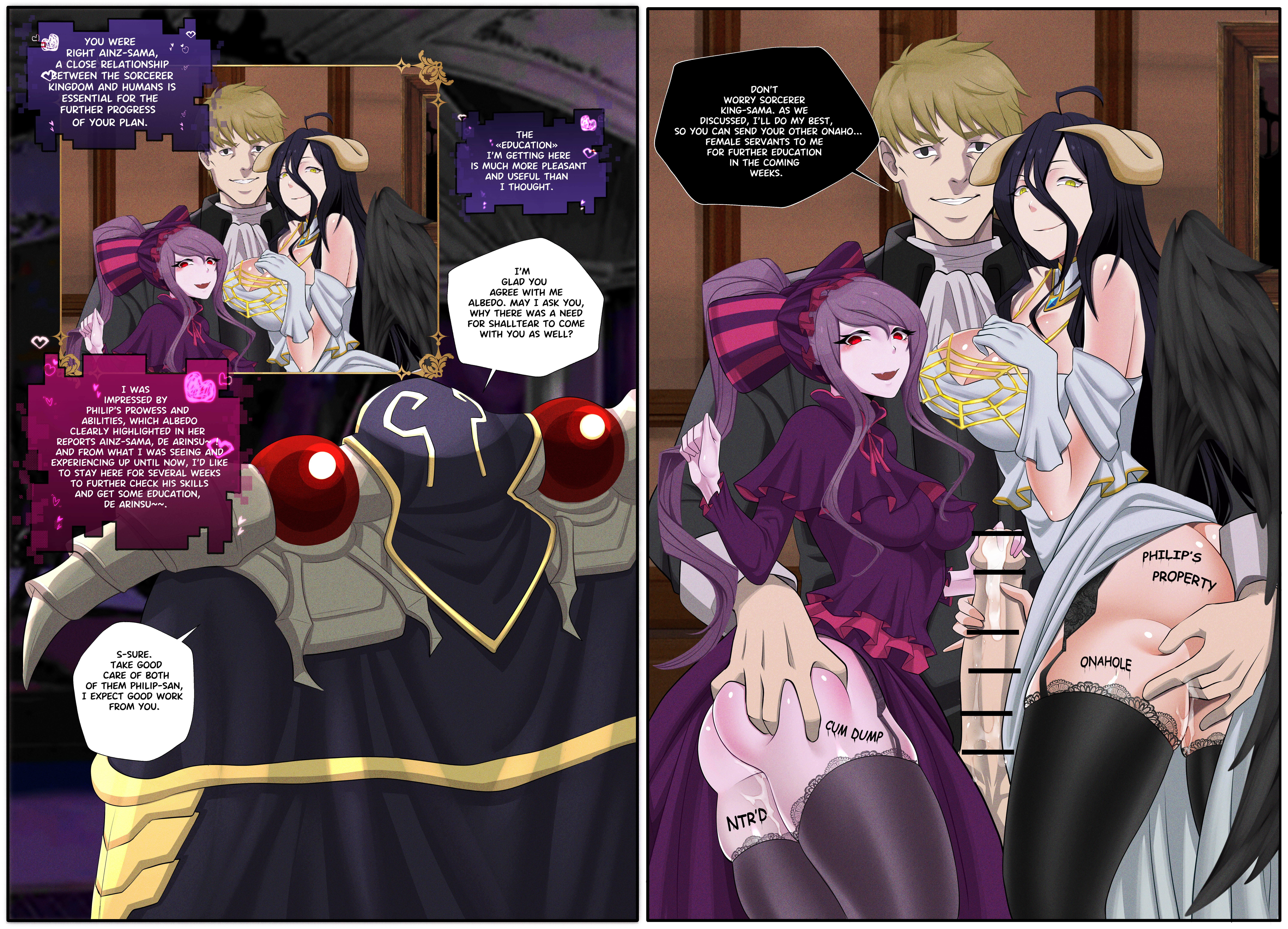 2girls, ainz ooal gown, albedo (overlord), ass, big ass, big boobs, big breasts, big butt, big tits, black hair, black hair female, black wings, blonde, blonde hair, blonde male, blonde-haired male, boobs, breasts, broken rape victim, butt, cock, corruption, dick, english text, fingering, genitals, grope, groping, groping ass, hair between eyes, horn, legwear, male, mind break, ntryurian, overlord (maruyama), penis, philip (overlord), philip dayton l'eyre montserrat, shalltear bloodfallen, talking, text, thick thighs, thighhighs, thighs, tits, wings, woman