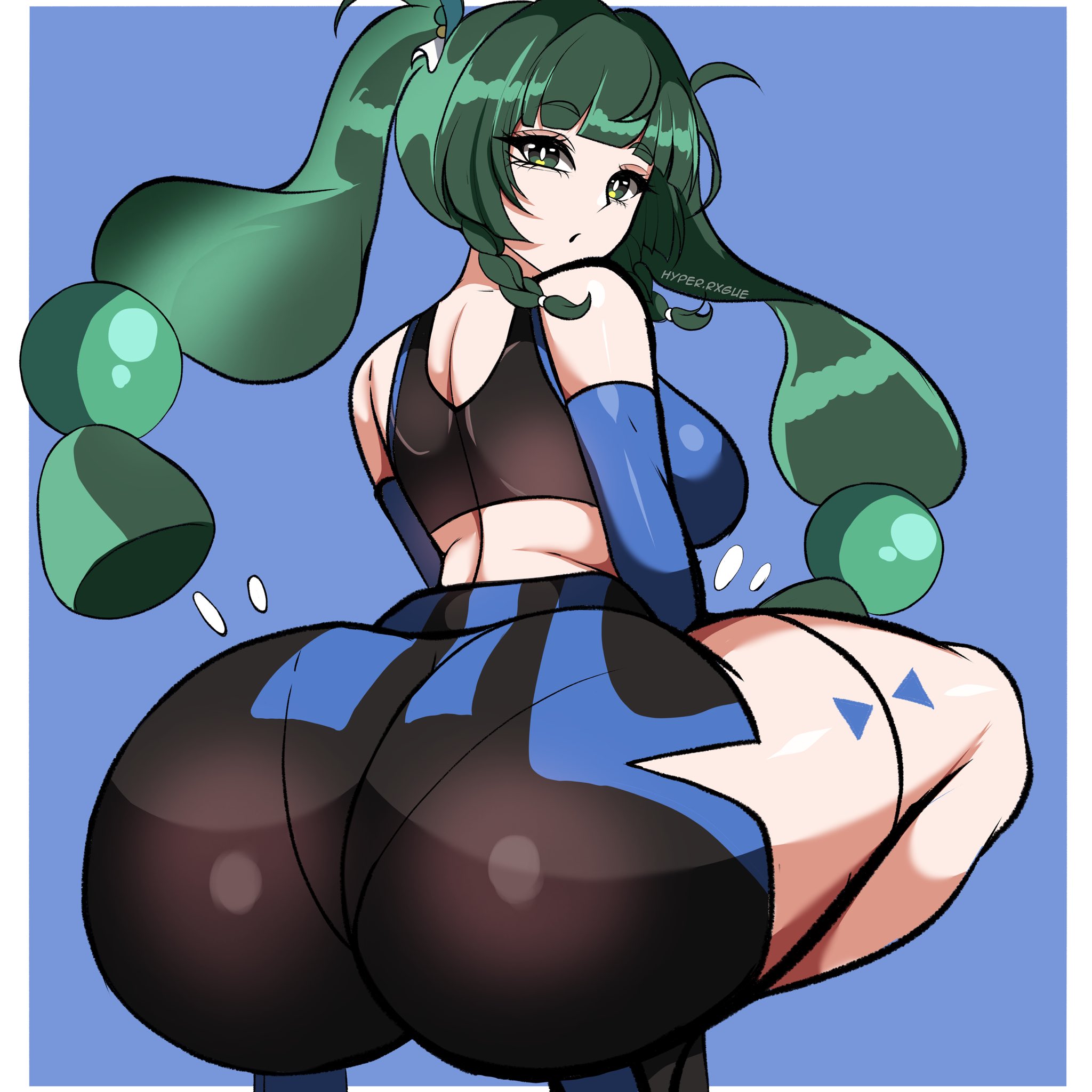 1girls, ass, big ass, bottom heavy, breasts, bubble butt, clothing, crouching, fat ass, female, female only, green hair, huge ass, hyperrxgue, large ass, massive ass, pantylines, police, policewoman, qingyi (zenless zone zero), robot, robot girl, solo, squatting, thick ass, thick thighs, thunder thighs, wide hips, zenless zone zero