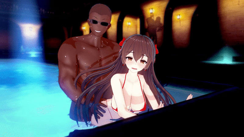 3d, abs, amber (genshin impact), animated, ass, ass grab, bikini, bouncing breasts, breasts, dark skin, dark-skinned male, doggy style, female, genshin impact, large breasts, male, mmd, muscular, muscular male, pool, sex, smile, sunglasses, swimming pool