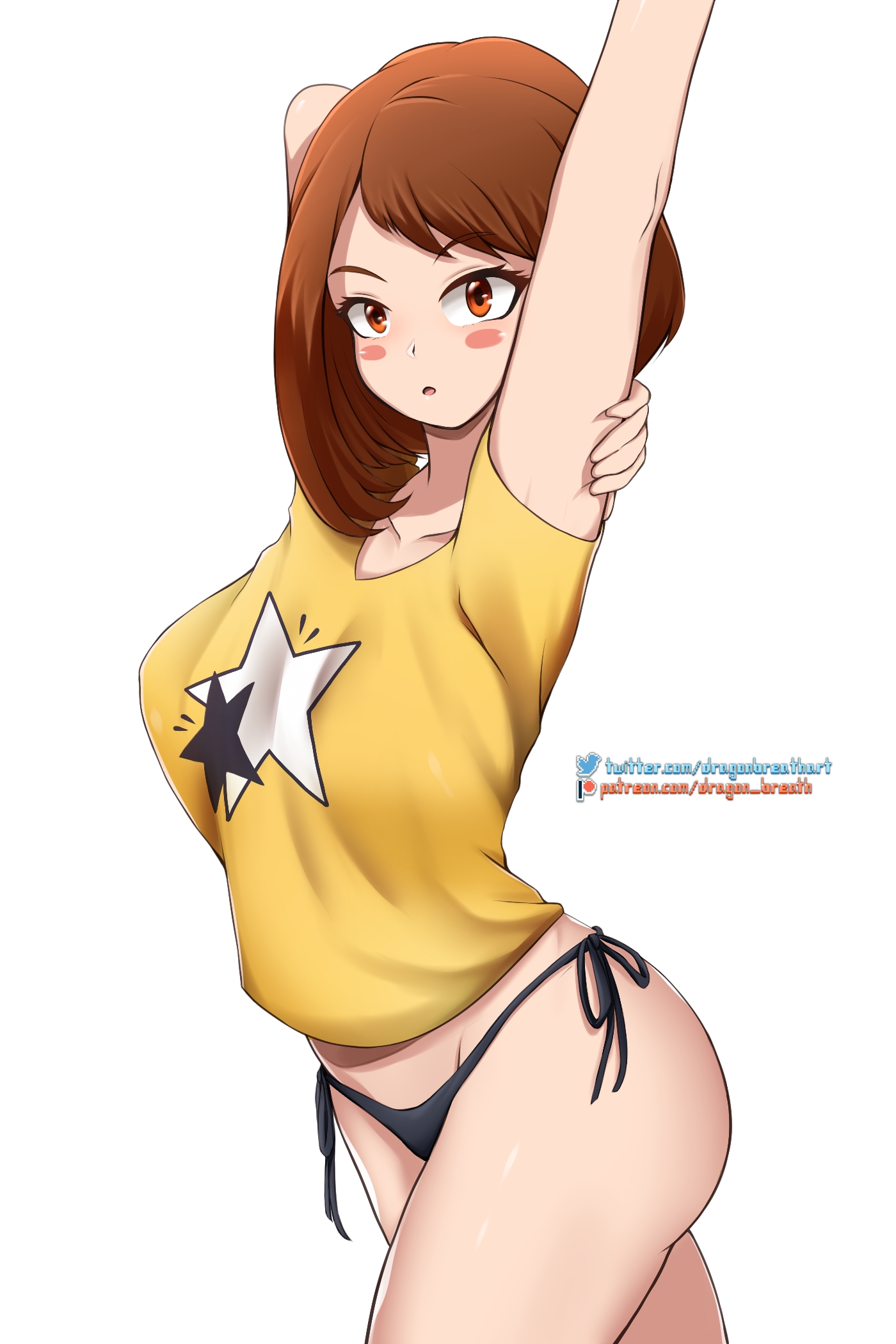 1girls, arms up, bangs, bikini, bikini bottom, blush, blush stickers, breasts, brown eyes, brown hair, brown-haired female, clothing, dragon breath, female, female only, long hair, looking at viewer, my hero academia, ochako uraraka, partially clothed, posing, shirt, simple background, white background