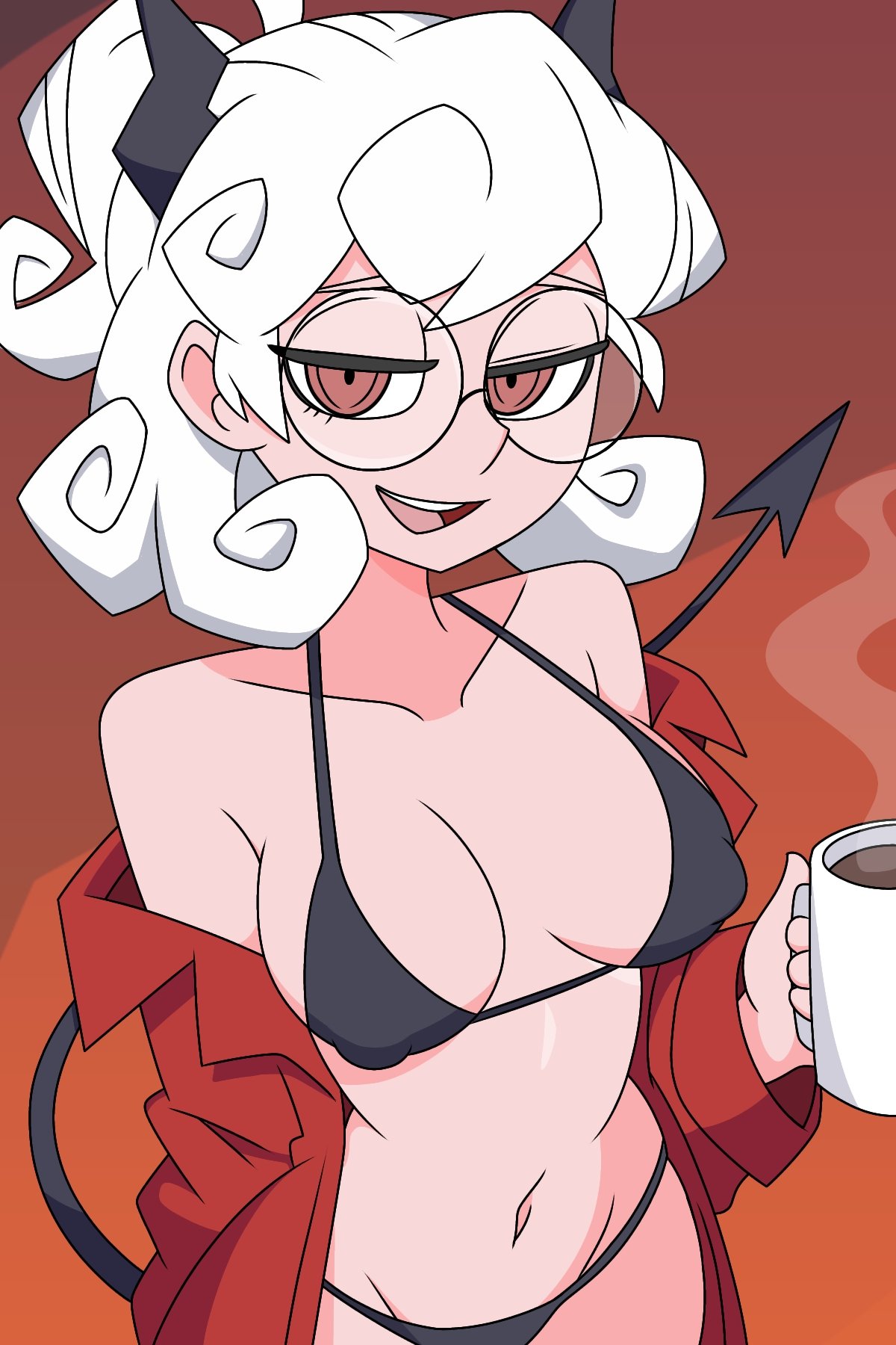 1girls, black bra, black panties, bra, breasts, coffee, coffee mug, demon, demon girl, demon horns, demon tail, drink, female, female only, glasses, hair, half-closed eyes, helltaker, holding drink, holding object, horns, nipple bulge, open shirt, pandemonica (helltaker), panties, red eyes, red shirt, shirt, small breasts, smile, solo, solo female, steam, tail, theuncledoomer, thighs, underwear, white hair
