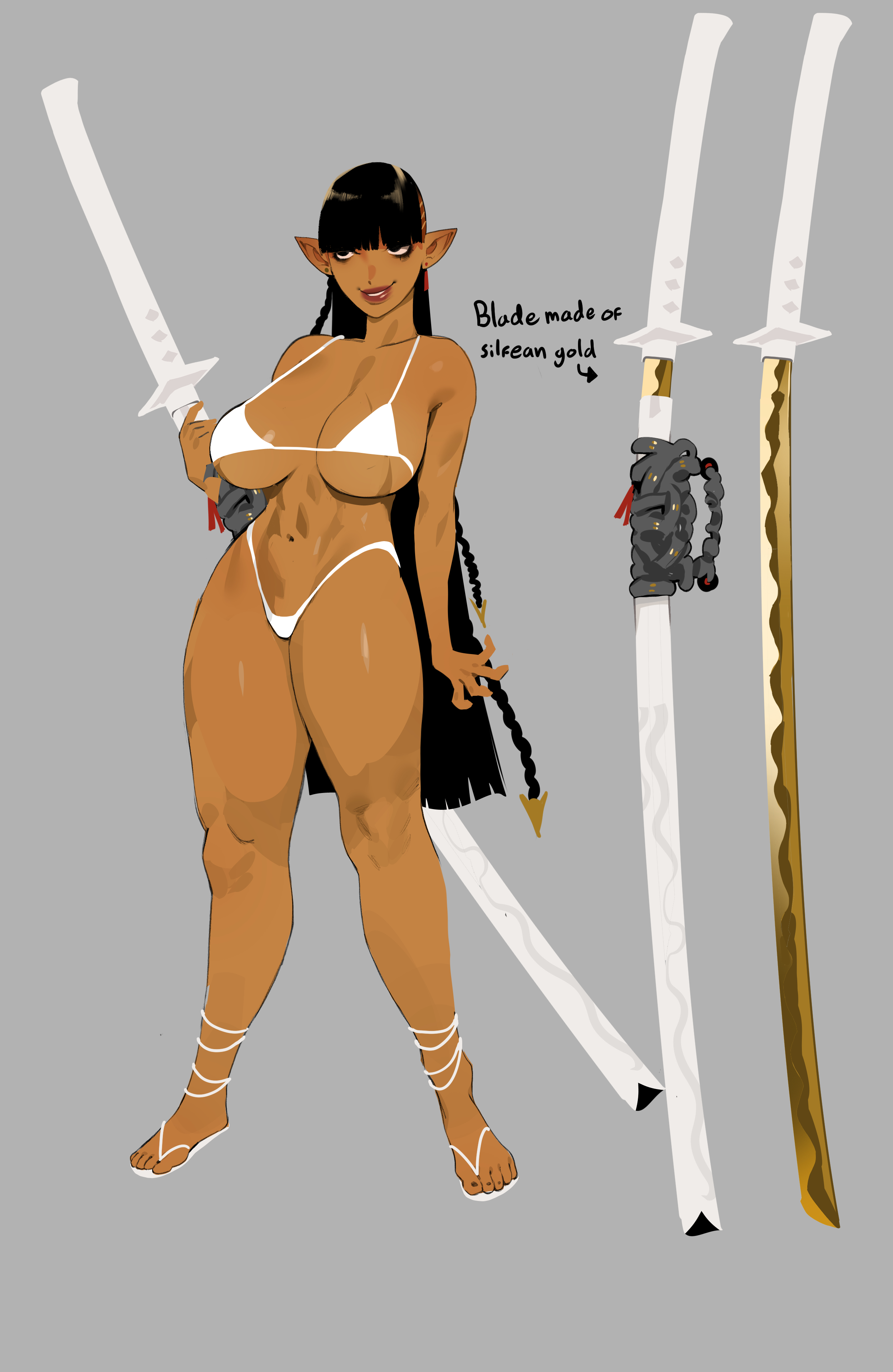 abs, athletic, athletic female, big breasts, bikini, dark-skinned female, eromamgasemsei3, oc, original character, revealing clothes, tagme, weapon, white clothing