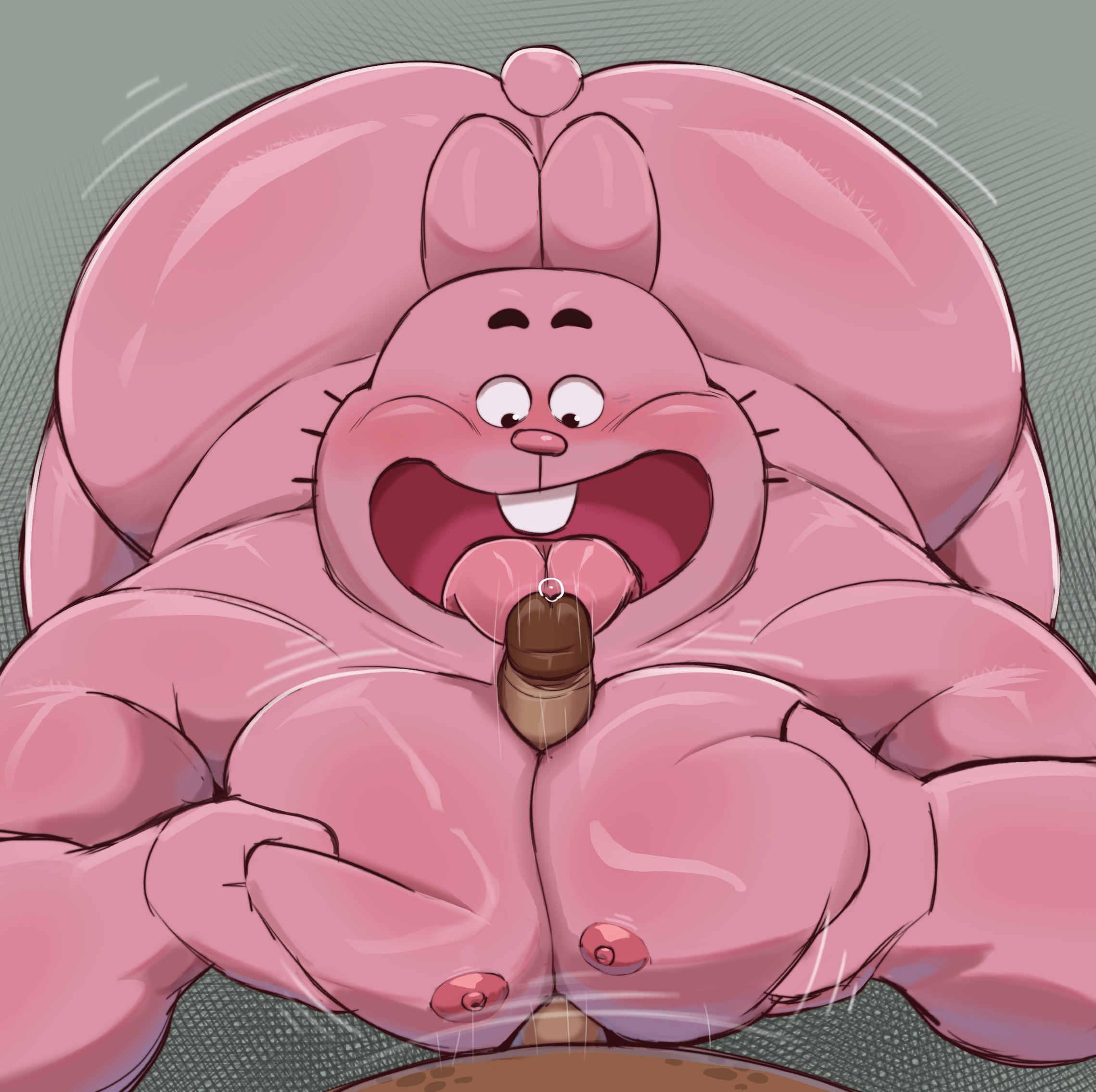 anthro, ass, big butt, blush, buckteeth, cartoon network, chubby cheeks, daichi akimichi, duo, erection, first person view, front view, genitals, glistening, glistening body, hi res, huge butt, lagomorph, leporid, licking, looking at genitalia, looking at penis, male, male pov, male/male, mammal, moob grab, moob squish, moobjob, moobs, motion lines, nipples, nude, open mouth, open smile, oral, overweight, overweight anthro, overweight male, penile, penis, penis lick, pink body, rabbit, richard watterson, sex, smile, solo focus, tail, teeth, the amazing world of gumball, tongue, tongue out
