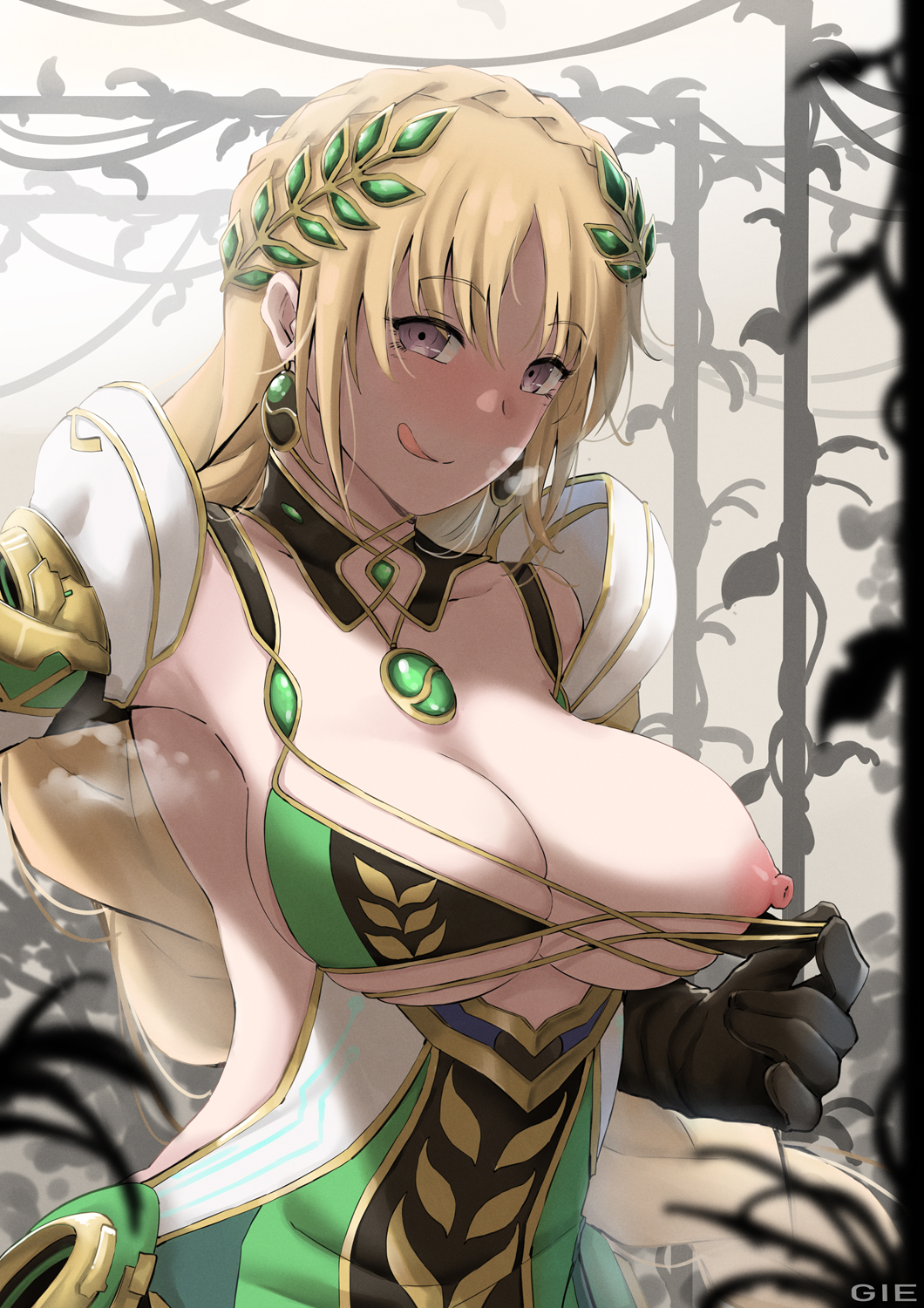 1girls armor armpits bangs bare_shoulders bikini bikini_pull black_gloves blonde_hair blush braid braided_ponytail breasts cleavage collarbone crown_braid demeter_(fate) detached_collar dress earrings fate/grand_order fate_(series) female gie gloves green_bikini green_dress grey_eyes head_wreath highres jewelry large_breasts licking_lips long_hair looking_at_viewer nipples one_breast_out pauldrons pendant shoulder_armor smile swimsuit tongue_out very_long_hair