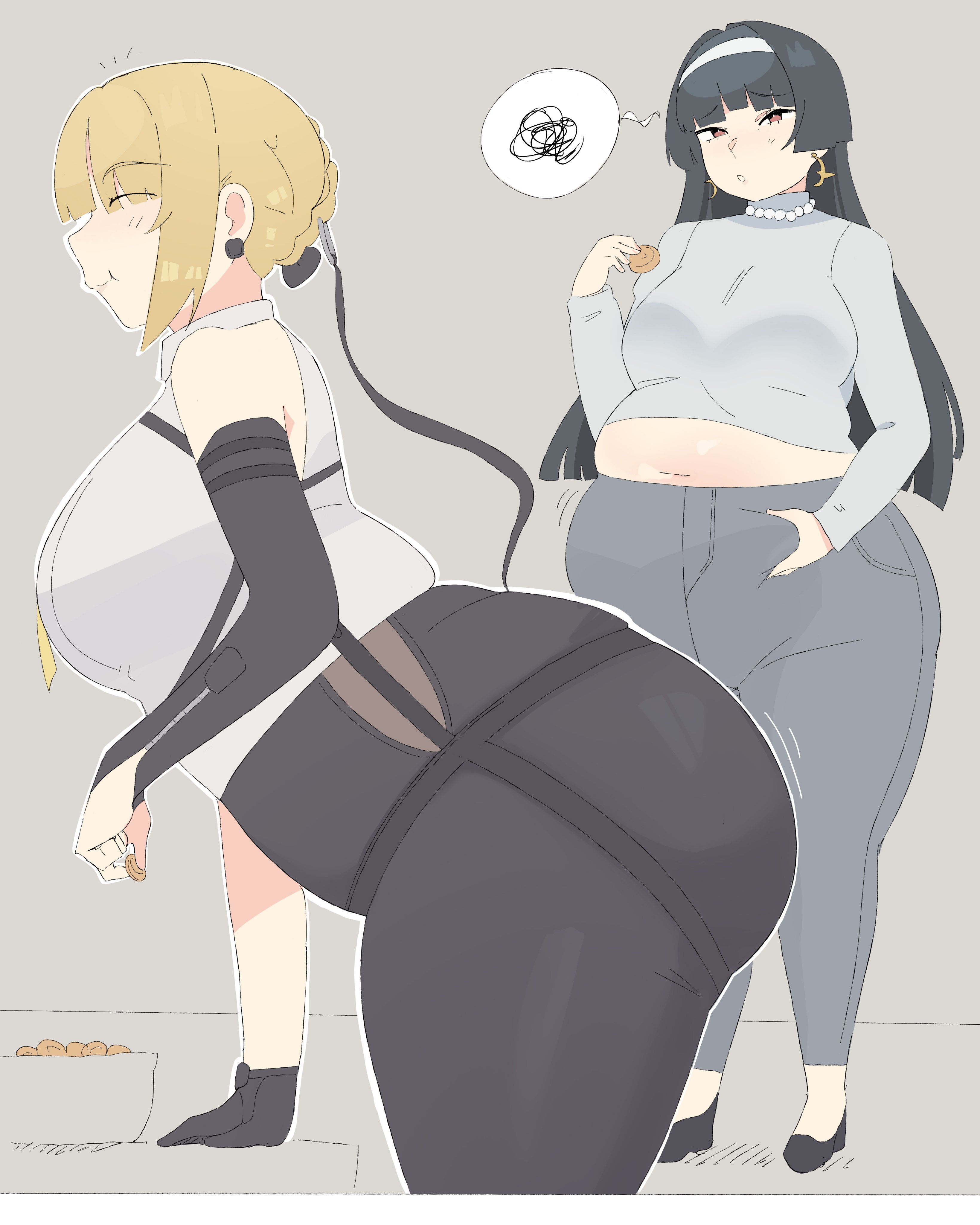 2girls, ass, astra yao, bbw, chubby, chubby female, evelyn chevalier, fat, female, female only, huge ass, human, napolitane, standing, weight gain, weight gain female, zenless zone zero