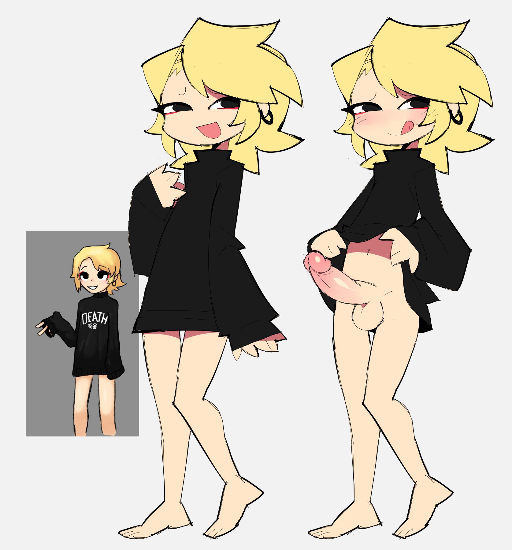 1boy, balls, big penis, blonde hair, blush, earrings, feet, femboy, glassrunner, light skin, light-skinned male, looking away, male, male only, navel, original character, pale skin, penis, shirt only, solo, solo male, testicles