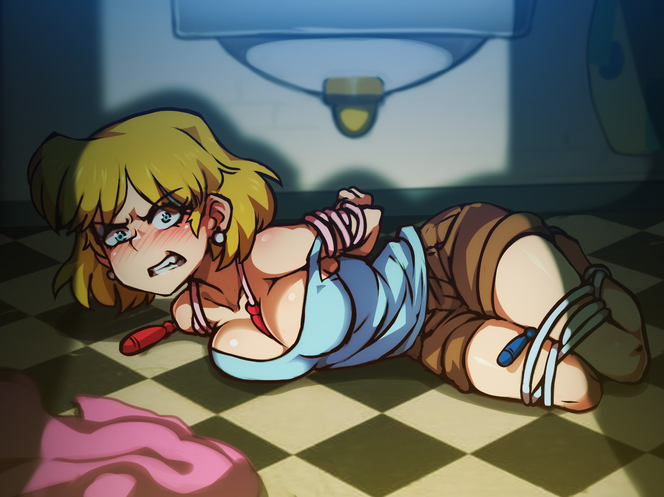 1girls, angry, big breasts, blonde hair, blue eyes, blush, bondage, breasts, cleavage, clothes, clothing, female, female only, gritted teeth, jcm2, jump rope, lori loud, shorts, solo, solo female, solo focus, tank top, the loud house, thighs, tied up