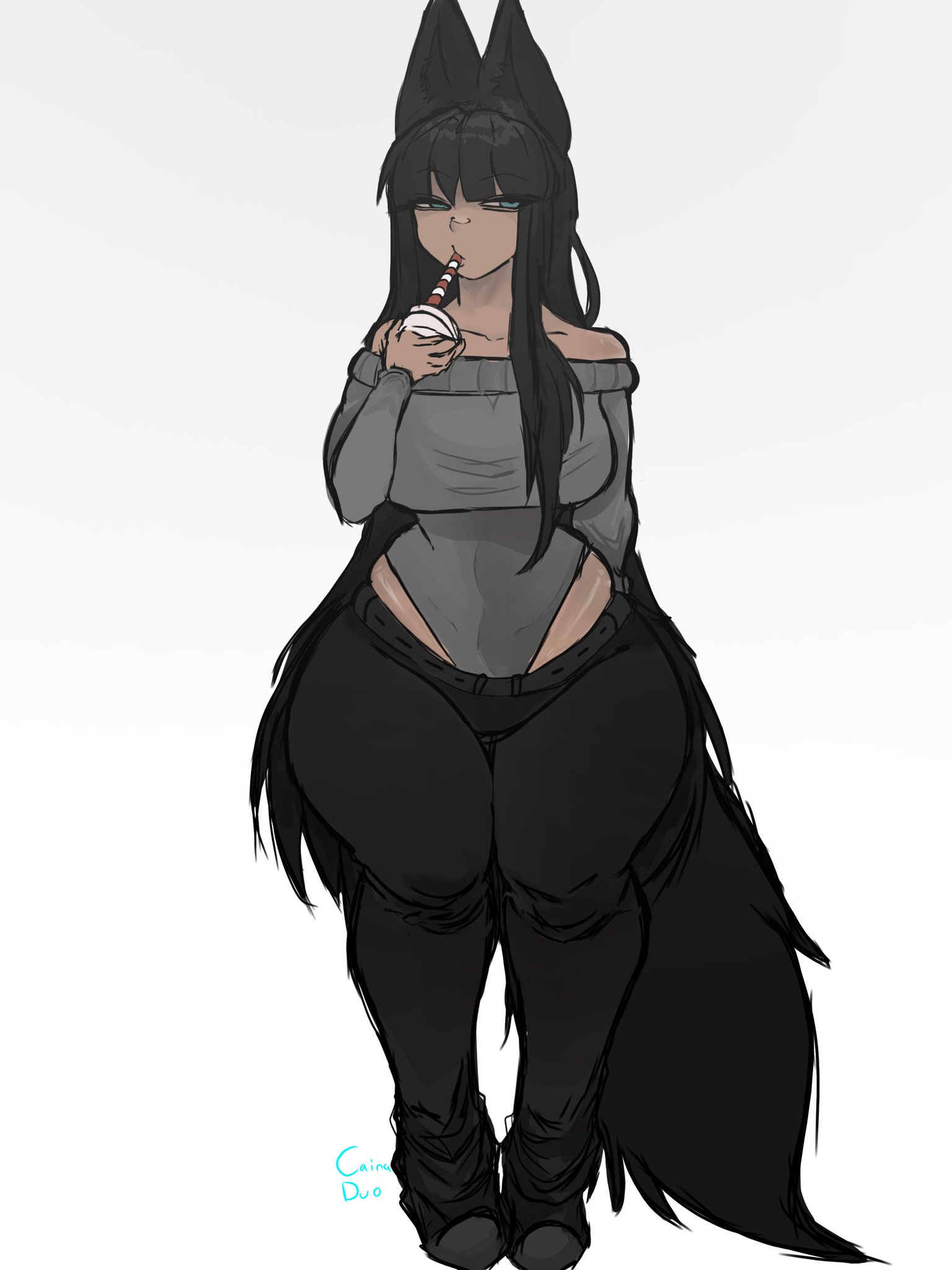 1girls, 2025, artist name, black hair, breasts, cainaduo, clothed, clothing, drinking, female, female only, leotard, leotard sweater, medium breasts, pants, roblox, roblox avatar, robloxian, solo, sweater, tagme, tail, thick thighs, thighs, wolf ears, wolf tail