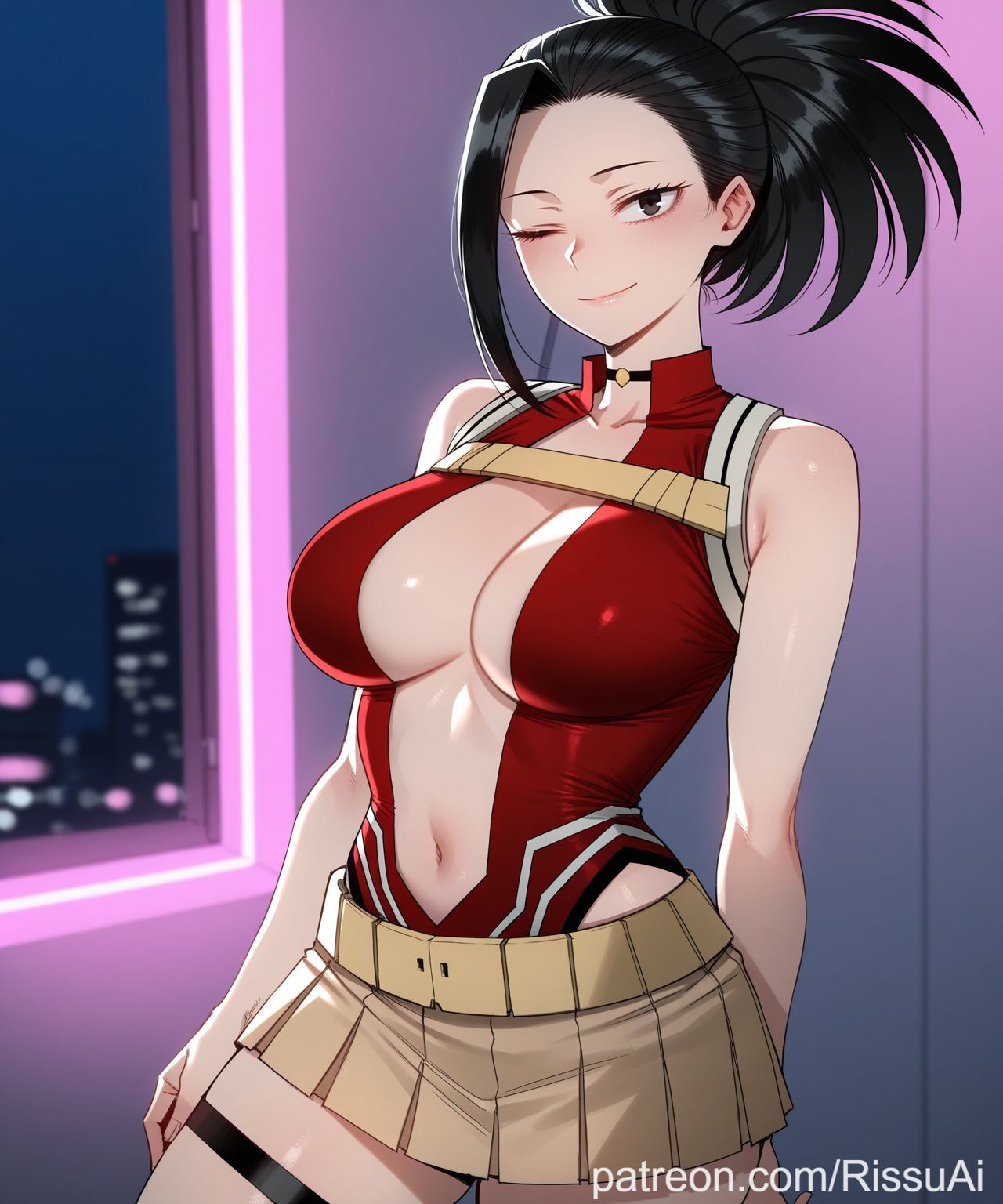 1girls, 2026, ai generated, big ass, big breasts, black eyes, black hair, black-haired female, blurry background, boku no hero academia, chocker, cinematic lighting, female, female only, high ponytail, indoors, inside, looking at viewer, momo yaoyorozu, my hero academia, patreon, perfect ass, perfect body, perfect boobs, ponytail, purple neon, red bodysuit, rissuai, room, sexy, sexy body, sexy pose, skirt, smile, smiling at viewer, voluptuous, voluptuous female, wink