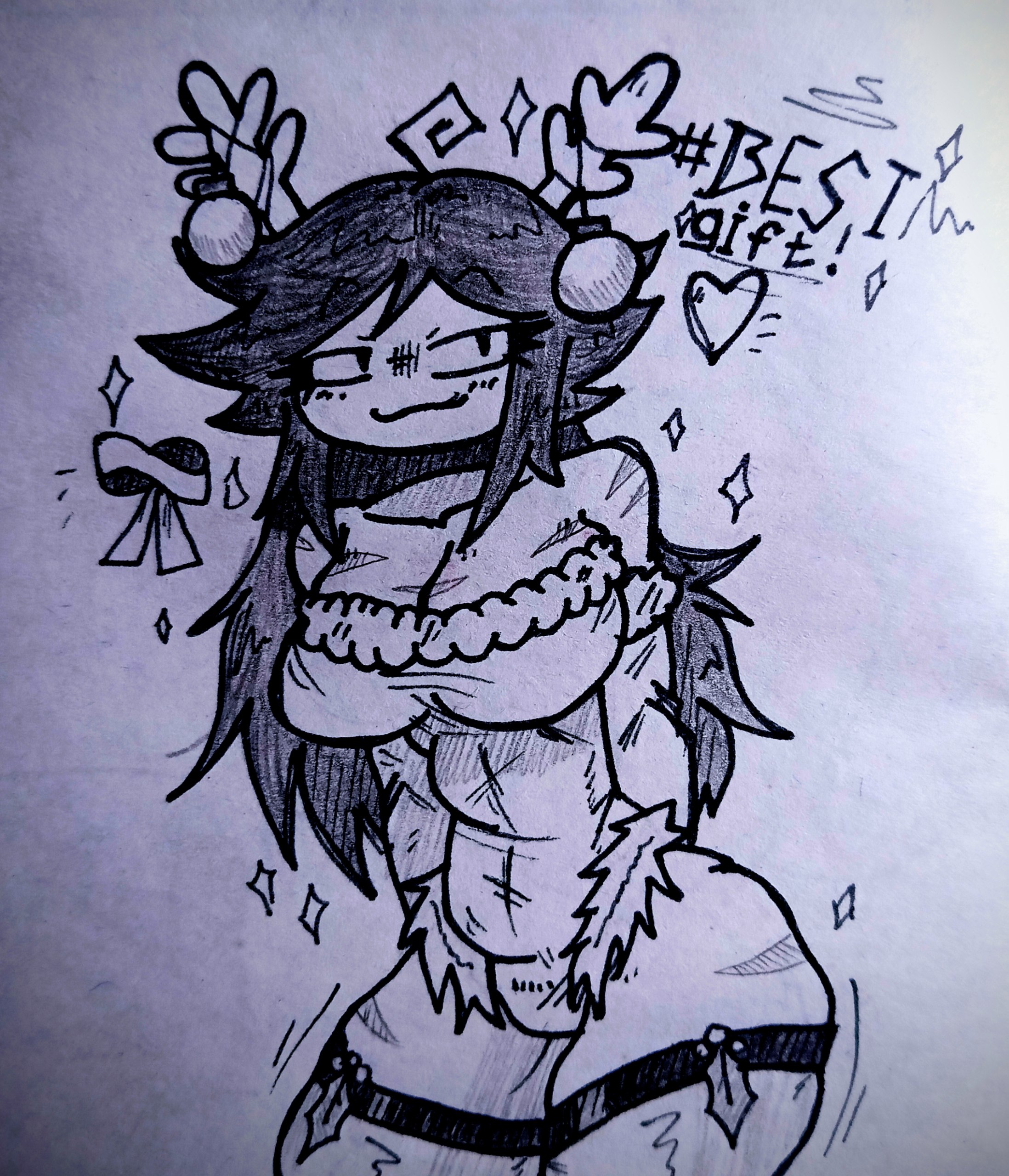 alternate universe, antlers, black hair, christmas ornaments, corset, drawing, drawn, english text, fundamental paper education, looking at viewer, miss thavel (fundamental paper education), ornaments, smug, smug face, text, white body, white skin
