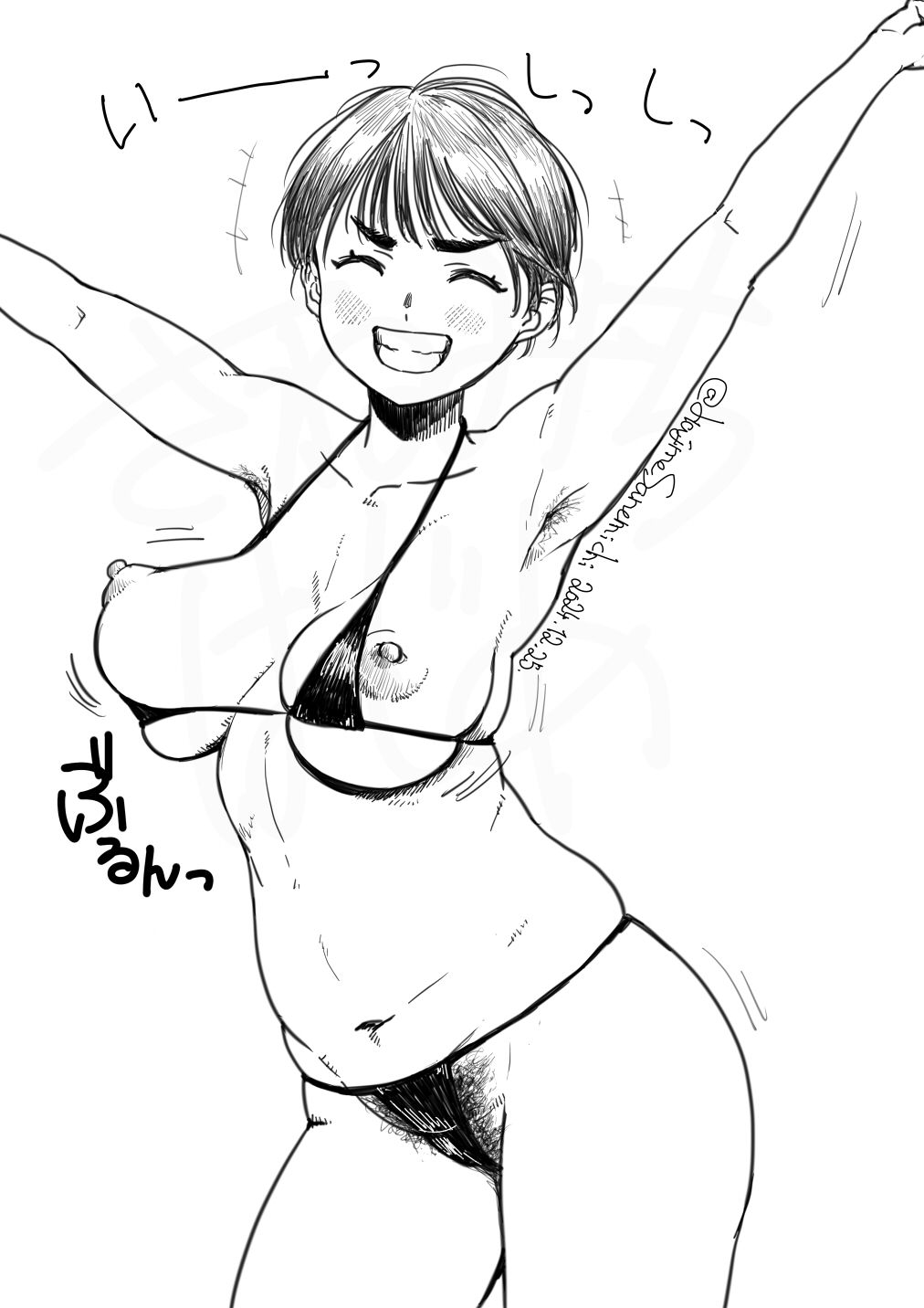 1girls, armpit hair, armpits, arms up, bikini, bouncing breasts, breasts out, bush, closed eyes, female, female only, grin, micro bikini, monochrome, nipple slip, pubic hair, pubic hair peek, sanemichi hajime, short hair, smile, solo, thick eyebrows, very short hair, wardrobe malfunction