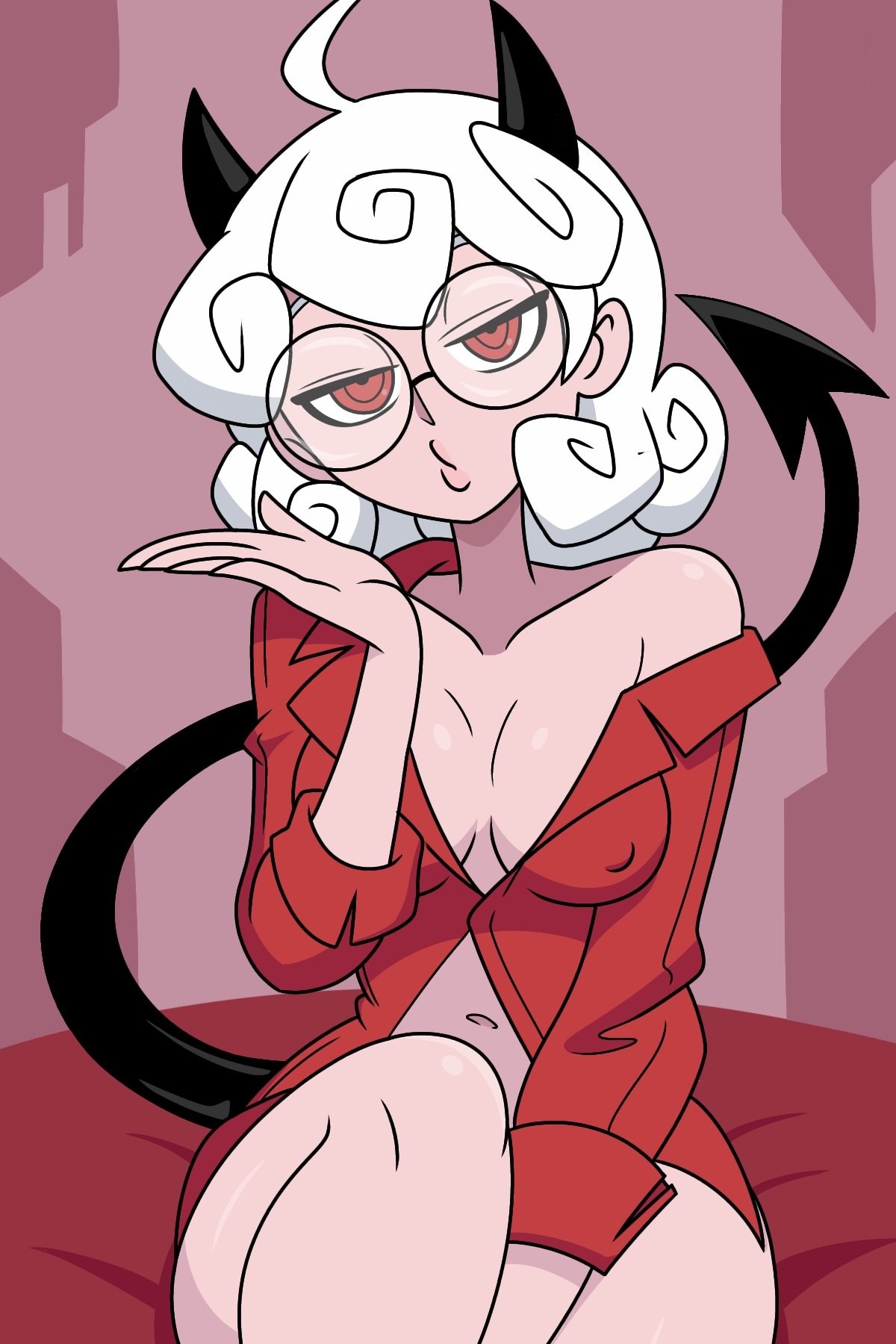1girls, alternate version available, blowing kiss, breasts, demon, demon girl, demon horns, demon tail, eyewear, female, female only, glasses, hair, half-closed eyes, helltaker, horns, lips, nipple bulge, pandemonica (helltaker), parted lips, red eyes, red shirt, round glasses, shirt, shirt only, small breasts, solo, solo female, tail, theuncledoomer, thighs, white hair