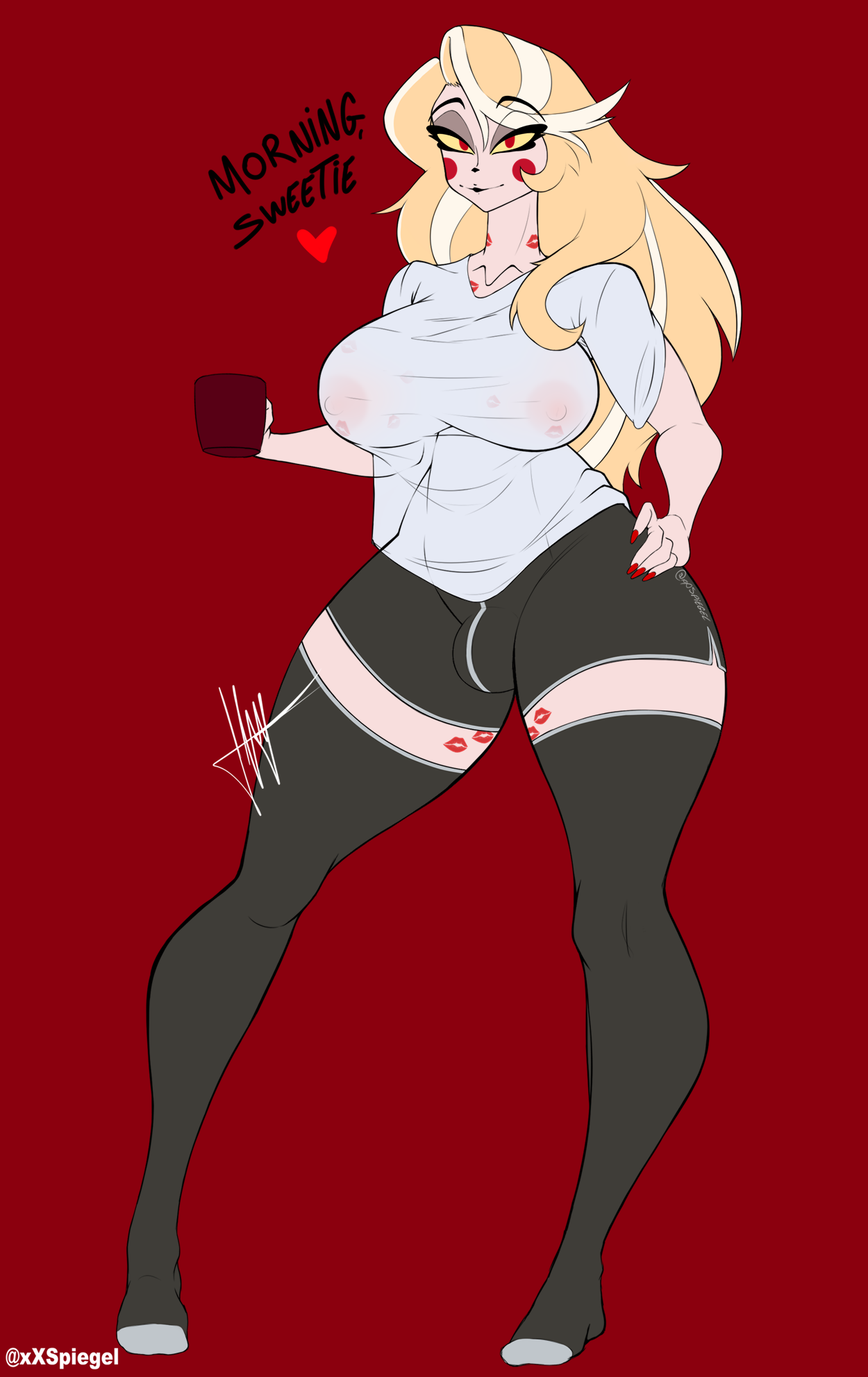 1futa, big ass, big breasts, big bulge, blonde female, blonde hair, bulge, bulge under clothes, charlie morningstar (hazbin hotel), coffee mug, demon, demon girl, futanari, gym shorts, hazbin hotel, kiss marks, kiss marks all over, kisses, long hair, looking at viewer, nail polish, pale skin, pale-skinned female, pale-skinned futa, red eyes, self upload, shirt, shorts, sketch, thick thighs, thighhighs, transparent clothing, transparent shirt, white shirt, white skinned female, white skinned futanari, xxspiegel, yellow sclera
