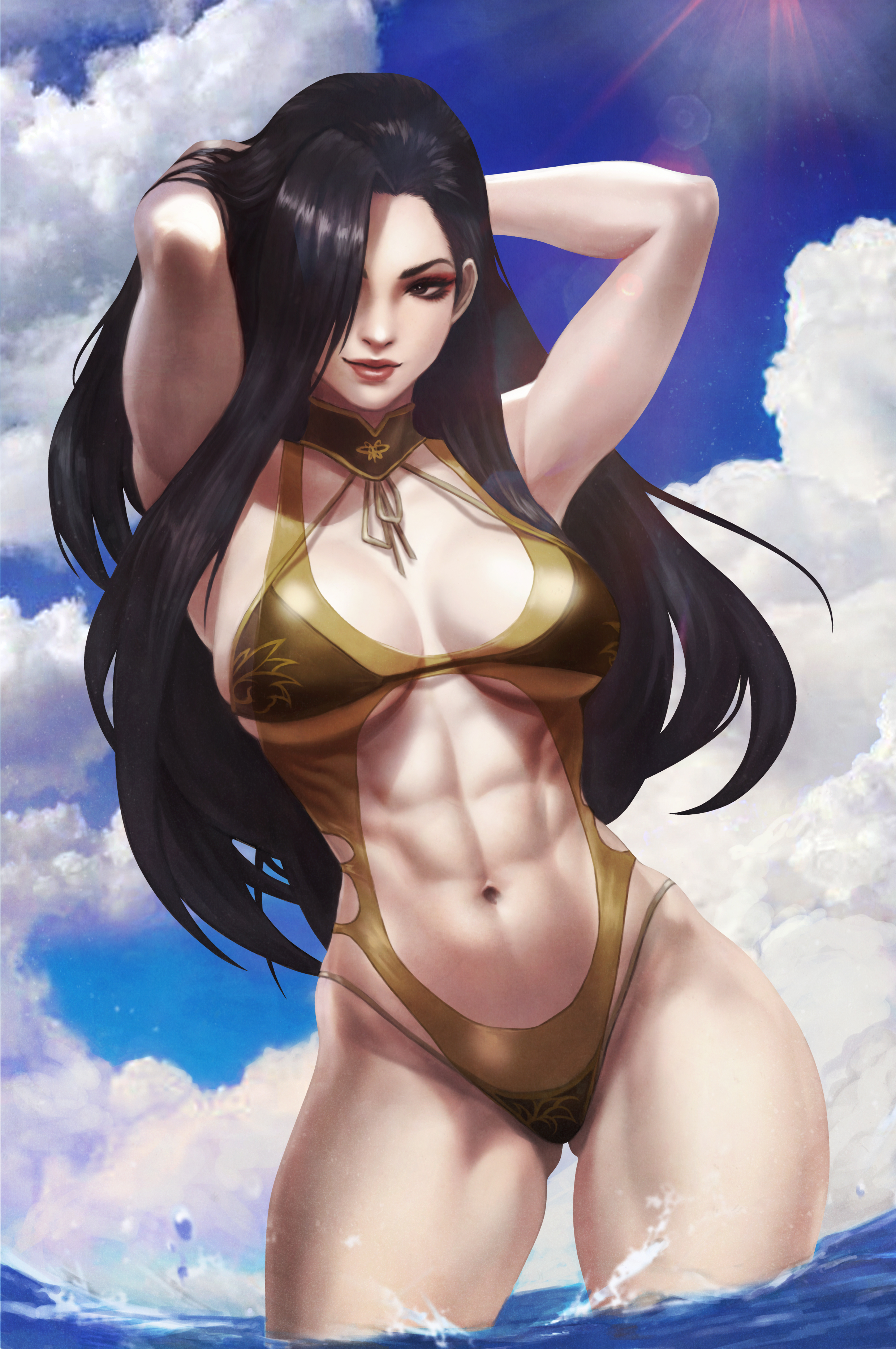 1girls, abs, absurd res, bikini, black hair, black lagoon, breasts, brown eyes, eyeshadow, hi res, long hair, medium breasts, monorirogue, navel, one eye covered, one-piece swimsuit, shenhua, smile, solo, swimsuit, toned, toned female, wading, yellow one-piece swimsuit