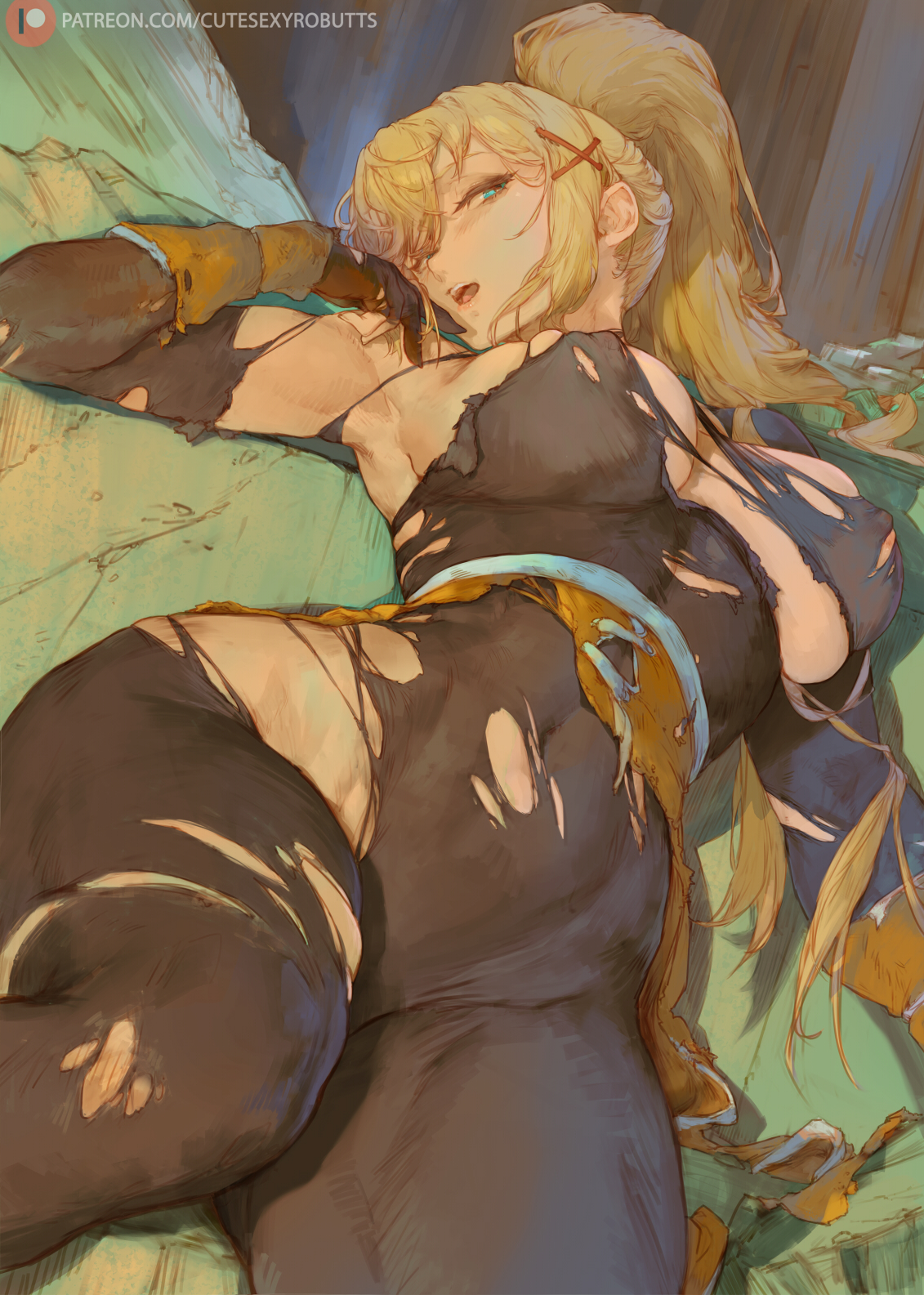 1girls, areolae, artist name, big breasts, big thighs, blonde hair, blue eyes, blush, blushing, breasts, clothed, clothing, cutesexyrobutts, darkness (konosuba), female, female only, hair over one eye, hourglass figure, huge breasts, huge thighs, kono subarashii sekai ni shukufuku wo!, large breasts, large thighs, long hair, lying, navel, nipples, open mouth, patreon username, ponytail, ripped clothing, see-through, see-through clothing, slim waist, solo, solo female, thick thighs, thighs, torn clothes, underboob, voluptuous, voluptuous female, watermark, wide hips