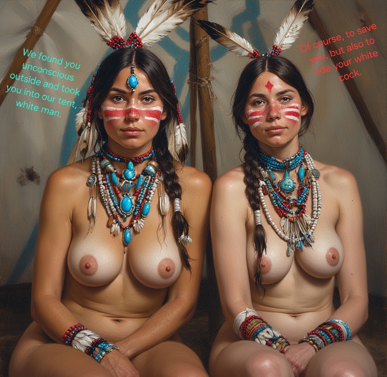 2girls, ai generated, american, braided hair, breasts, breasts out, dark hair, english text, feathers, in tent, incest, incest (lore), jewelry only, landscape, naked, naked female, native, native american, native american female, nude, nude female, original, original character, painting, siblings, sisters, sitting, stockholm syndrome, tan body, tent, text