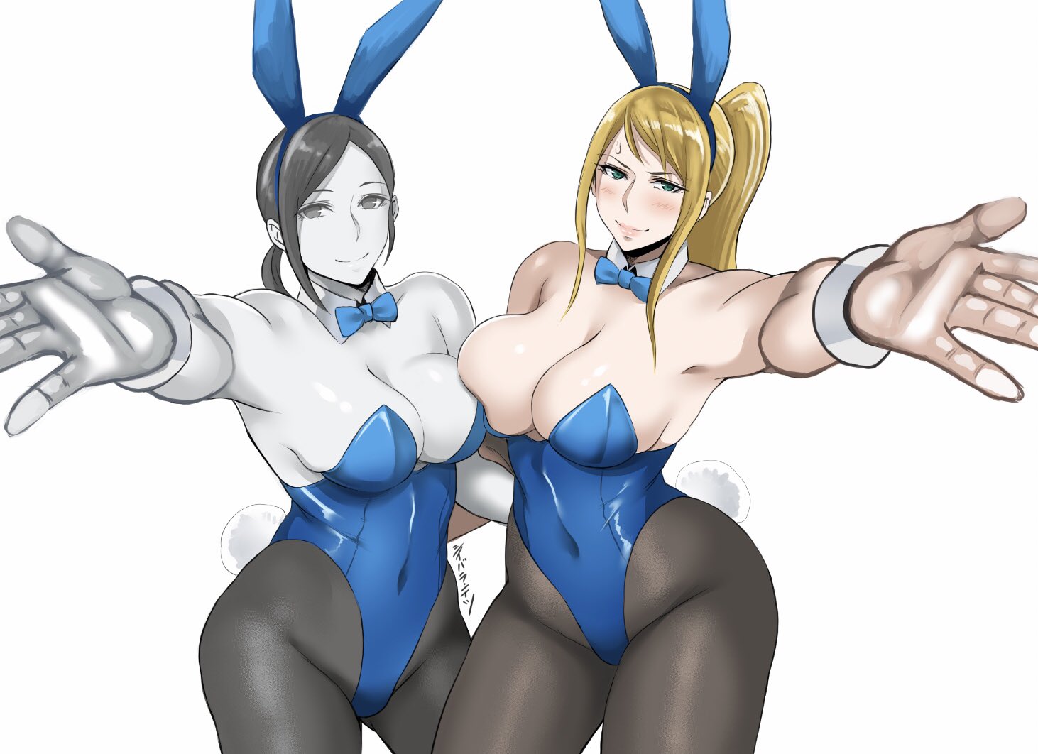 2girls, big breasts, breasts, bunny ears, bunny girl, bunnysuit, cleavage, female, female only, large breasts, metroid, samus aran, shibusun, super smash bros., thick thighs, wide hips, wii fit, wii fit trainer, wii fit trainer (female)