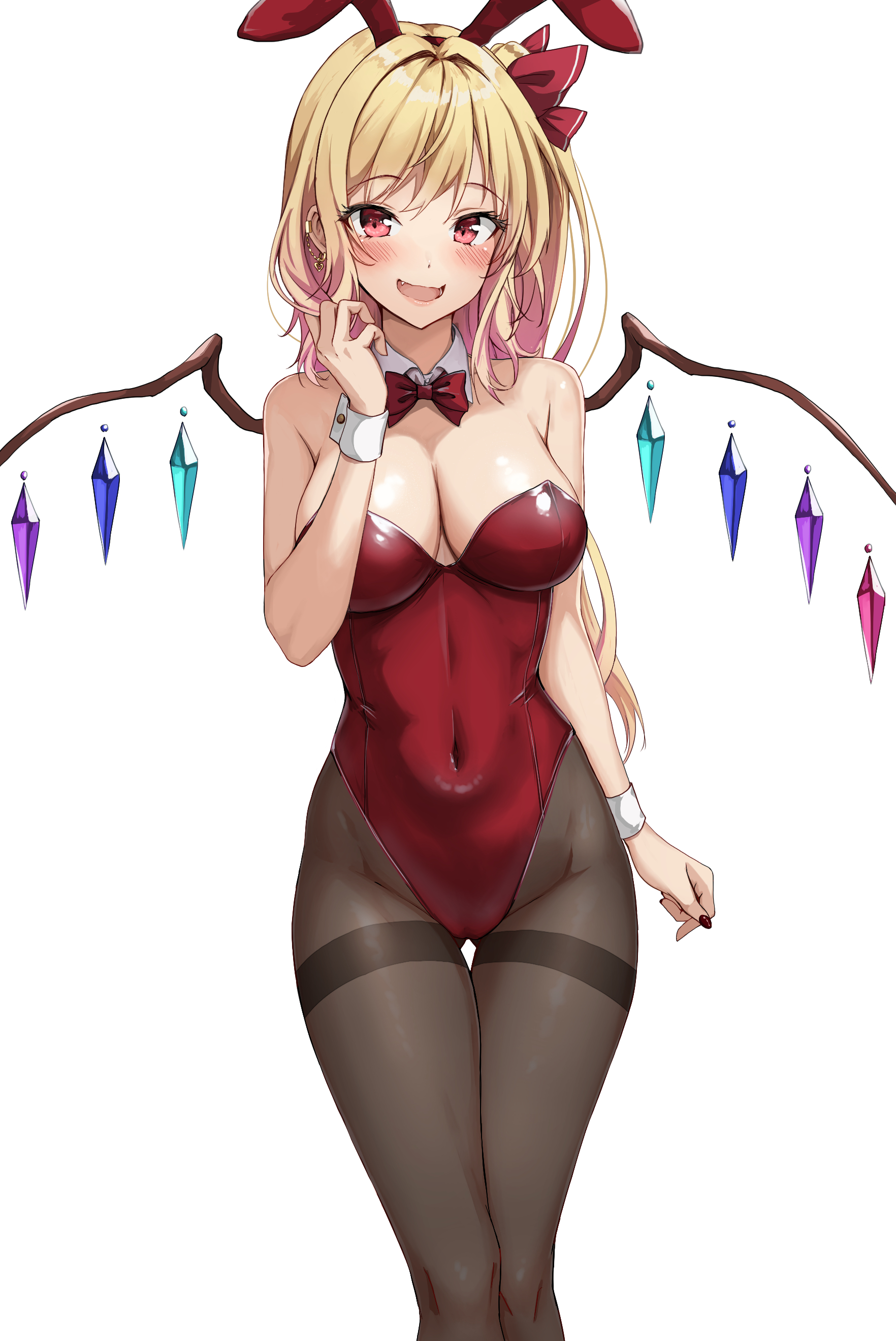 aged up, amagi (amagi626), blush, bunny ears, bunny girl, bunnysuit, cameltoe, earrings, fang, flandre scarlet, large breasts, leotard, open mouth, pantyhose, red leotard, red nails, smile, touhou