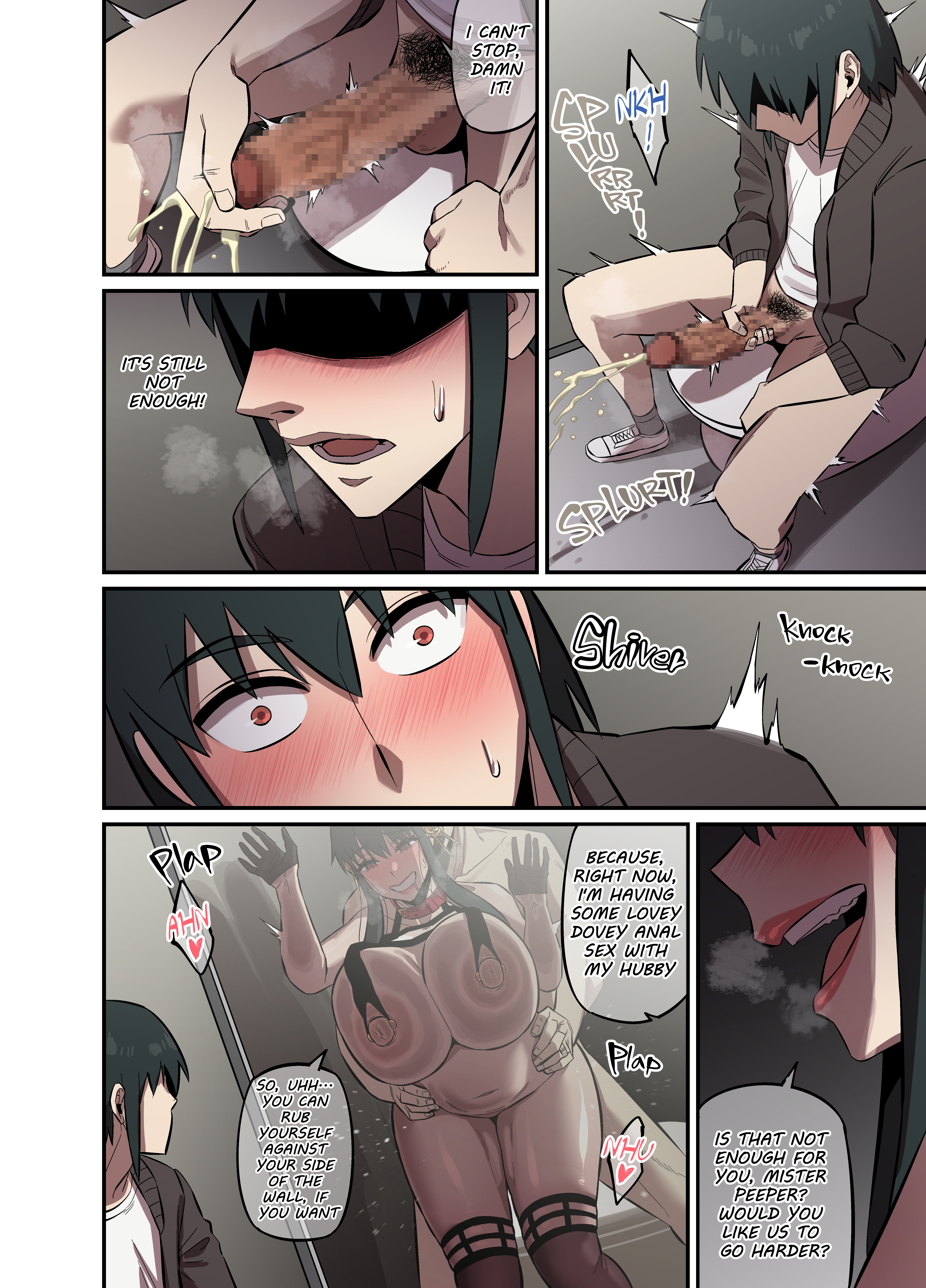 1boy, 1girls, akai melon, alternate breast size, assassin, blush, curvaceous, curvy, curvy figure, doujinshi, doujinshi page, english text, fucked from behind, full color, hi res, highres, horny, horny female, huge ass, huge breasts, human, human female, husband and wife, indoors, large ass, large breasts, loid forger, male masturbation, mature female, naughty face, panels, pervert female, spy x family, standing sex, straight, thick thighs, thorn princess, toilet, toilet sex, twilight (spy x family), voluptuous, voluptuous female, wide hips, yor briar, yor forger, yuri briar