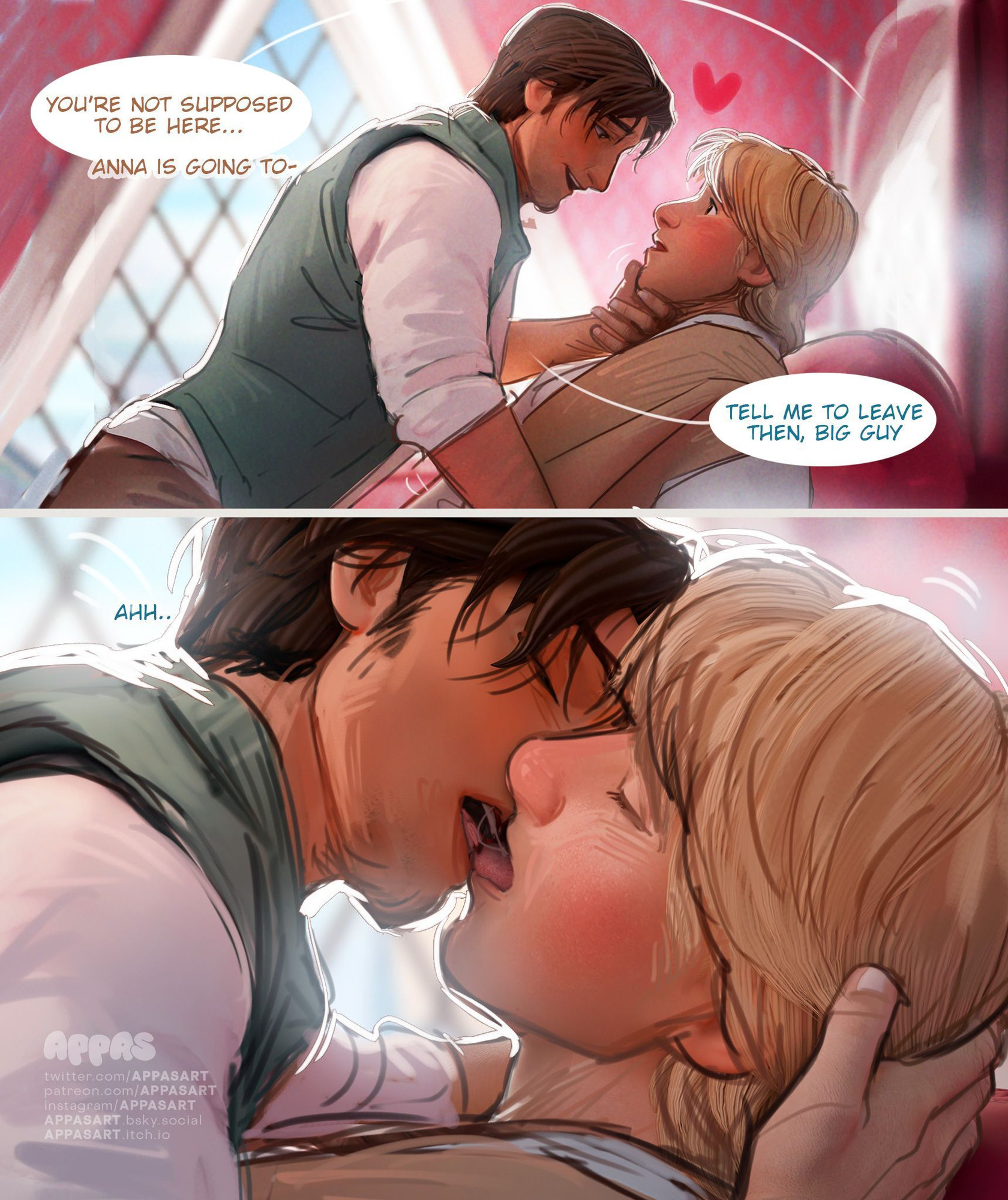 appasart, bara, clothing, crossover, disney, dominant, dominant male, domination, eugene fitzherbert, flip fuck, flynn rider, frozen (film), gay, gay kissing, gay sex, kissing, kristoff (frozen), male, male dominating male, male domination, male focus, male only, male/male, secretly loves it, tangled, tongue kiss, yaoi